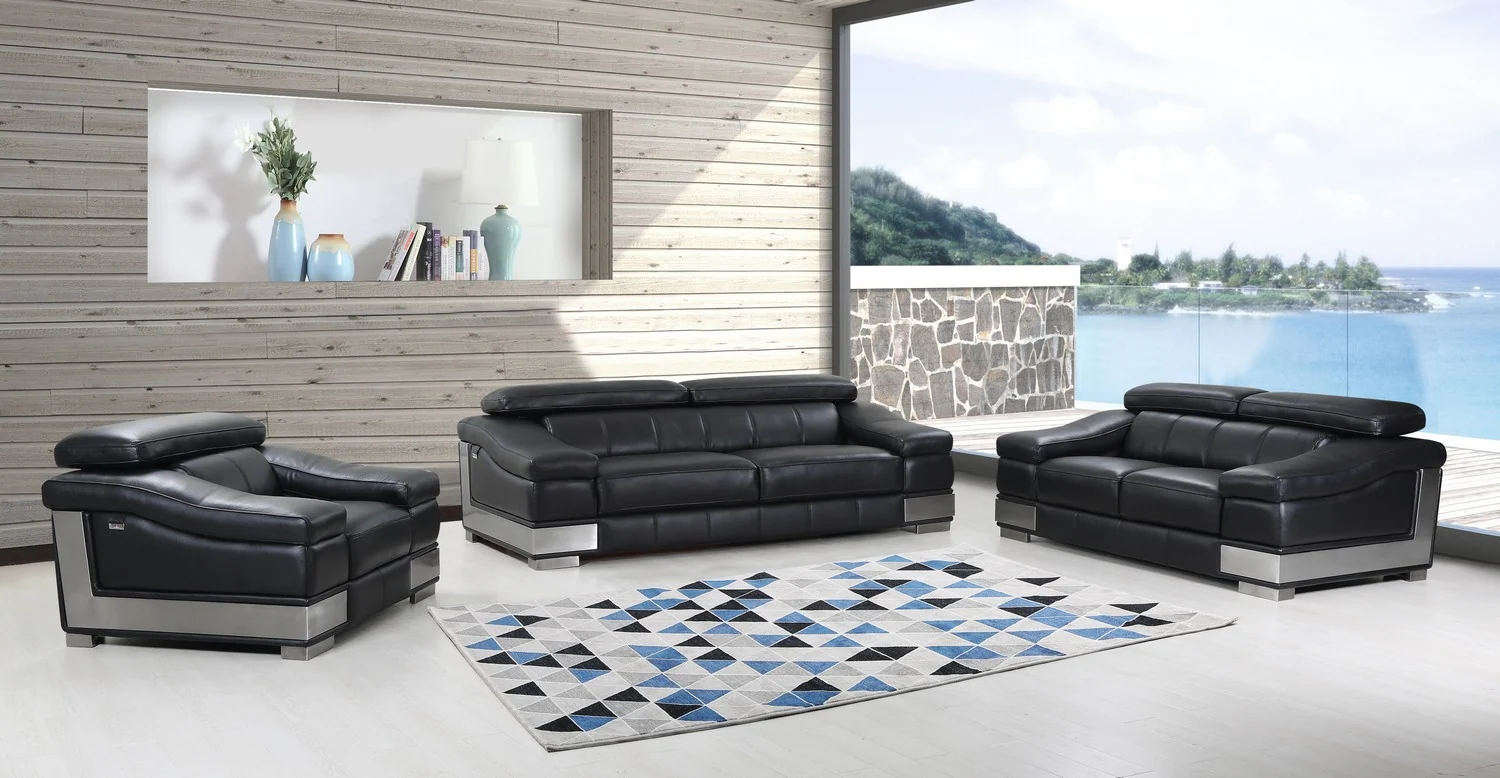 117" Modern Black Leather Sofa Set By Homeroots