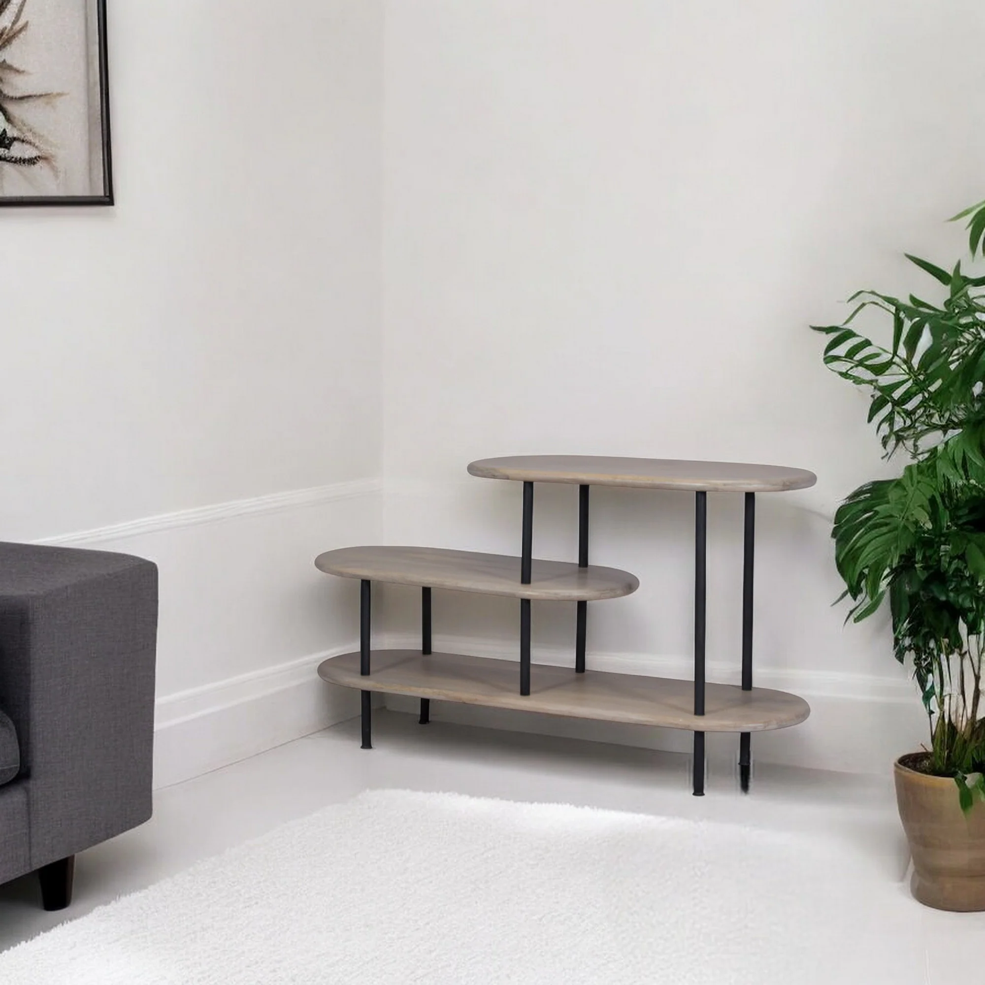 25 White And Gray Iron and Solid Wood Three Tier Bookcase By Homeroots