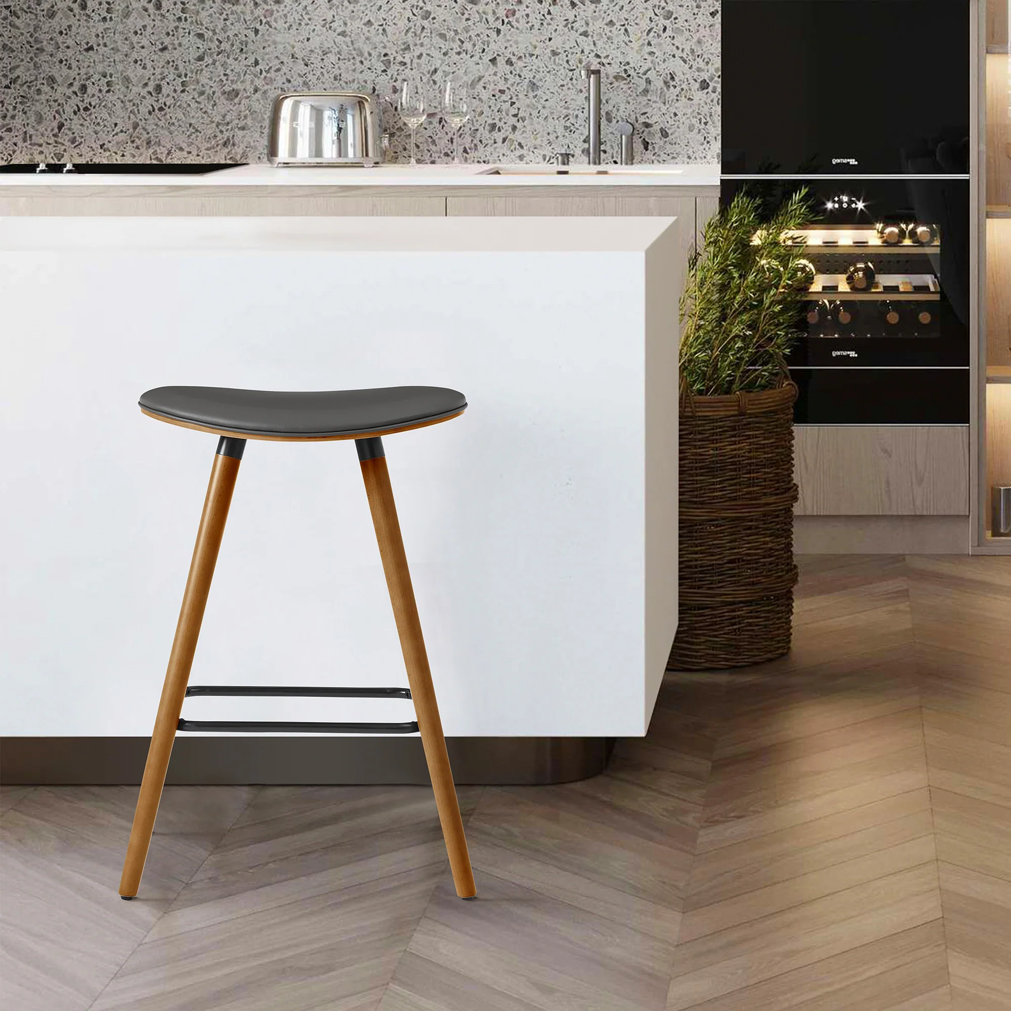 26" Gray Faux Leather Backless Wooden Bar Stool By Homeroots