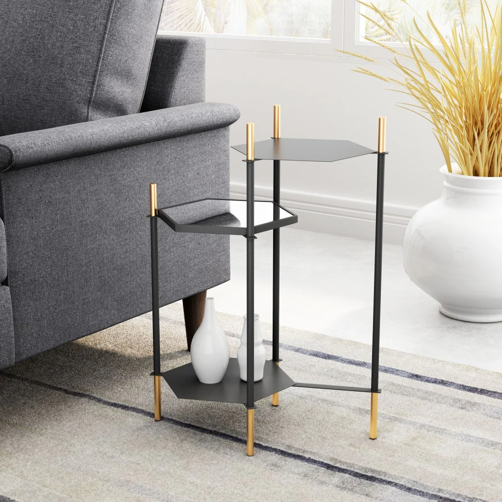 27" Gold And Black Glass End Table With Two Shelves By Homeroots
