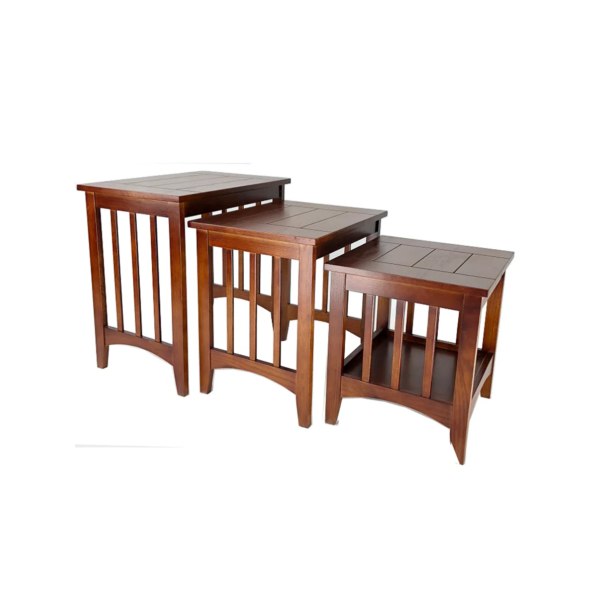 3 Piece Nesting Table With Plank Tabletop And Slatted Sides, Oak Brown By Benzara