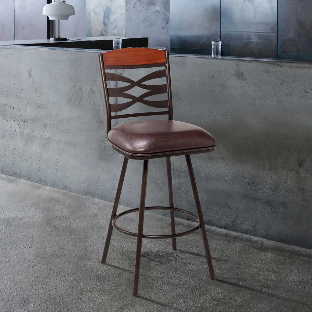 30" Brown Faux Leather Speckled Metal and Maple Wood Bar Stool By Homeroots