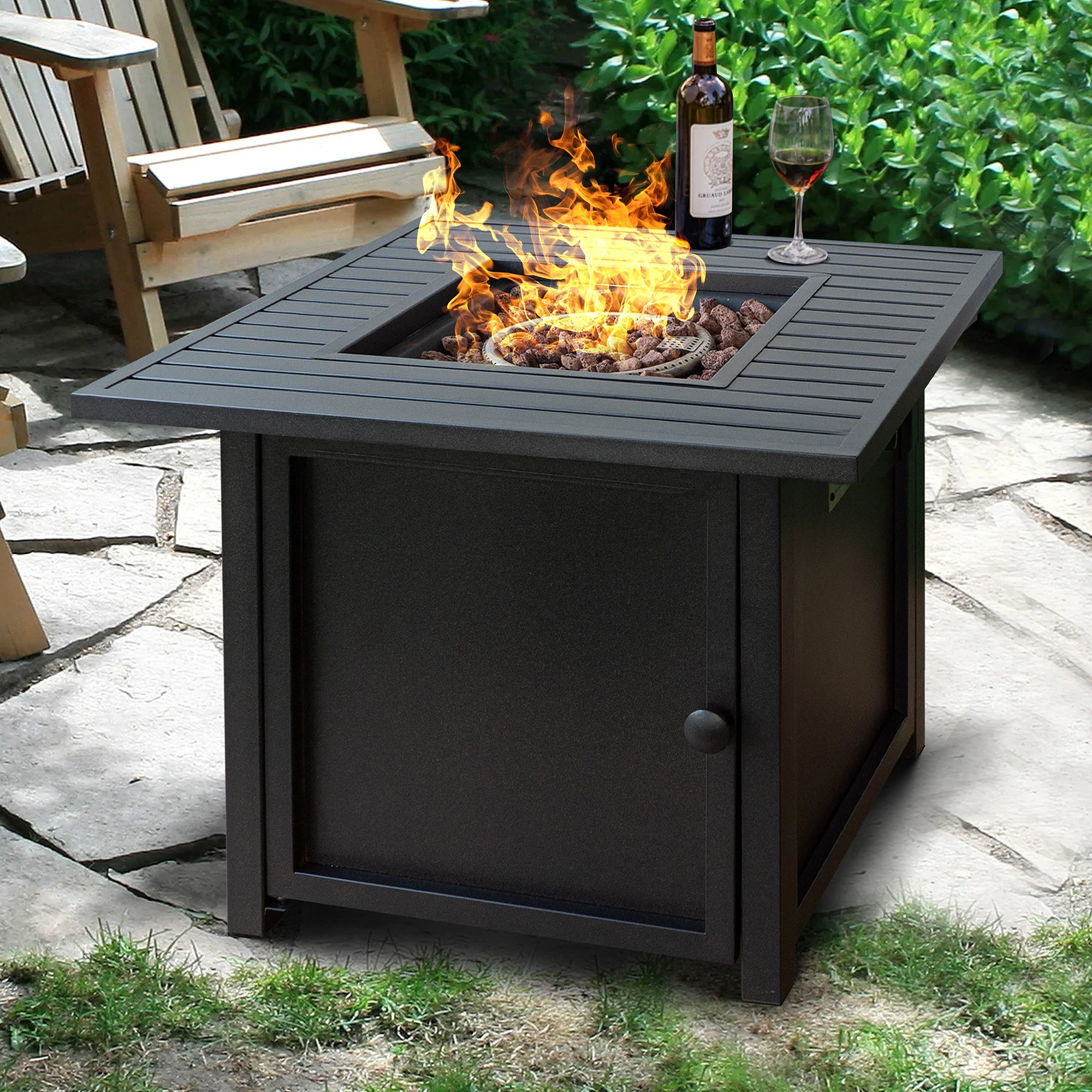 30" Brown Square Slat Top Fire Pit Table with Lid By Homeroots
