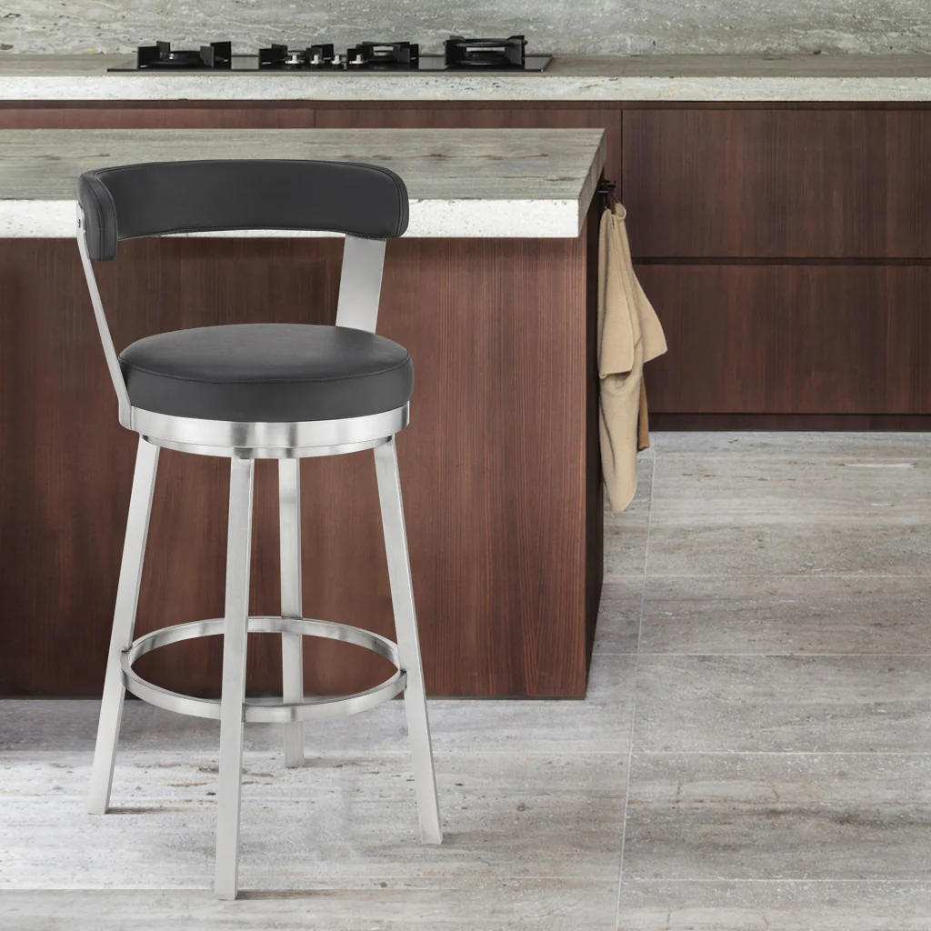 30" Chic Black Faux Leather with Stainless Steel Finish Swivel Bar Stool By Homeroots