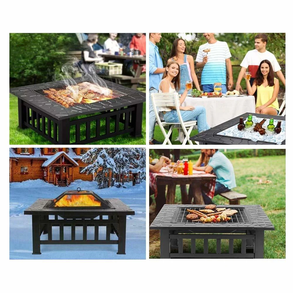 32" Black Square Charcoal or Wood Burning Fire Pit with Cover By Homeroots