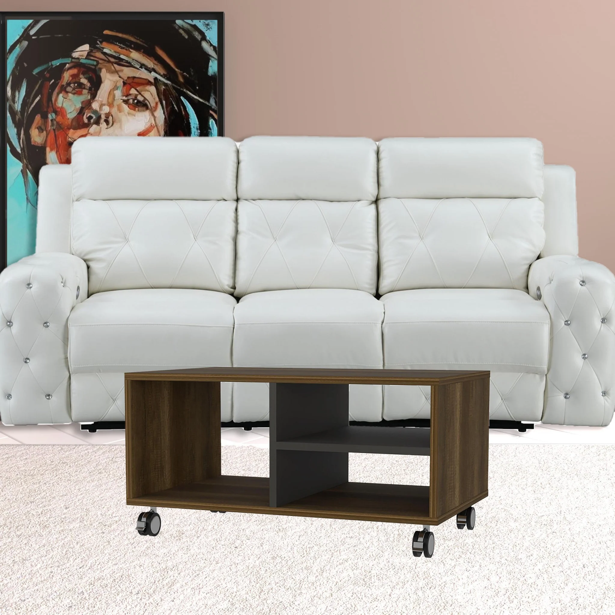 32" Walnut and Black Open Rectangular Coffee Table With Three Shelves By Homeroots