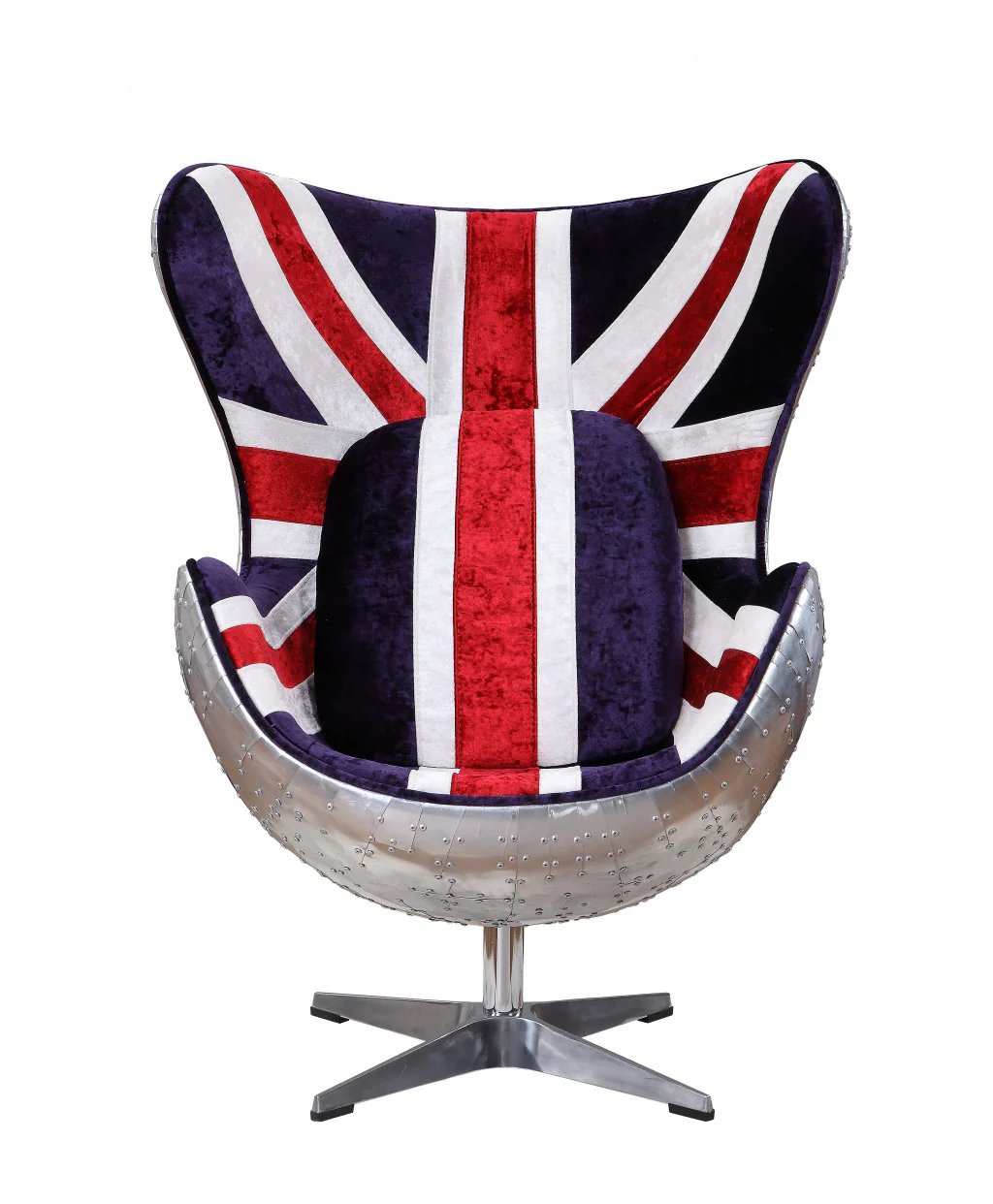 33" Red White and Blue Velvet And Silver Great Britain Flag Swivel Lounge Chair By Homeroots