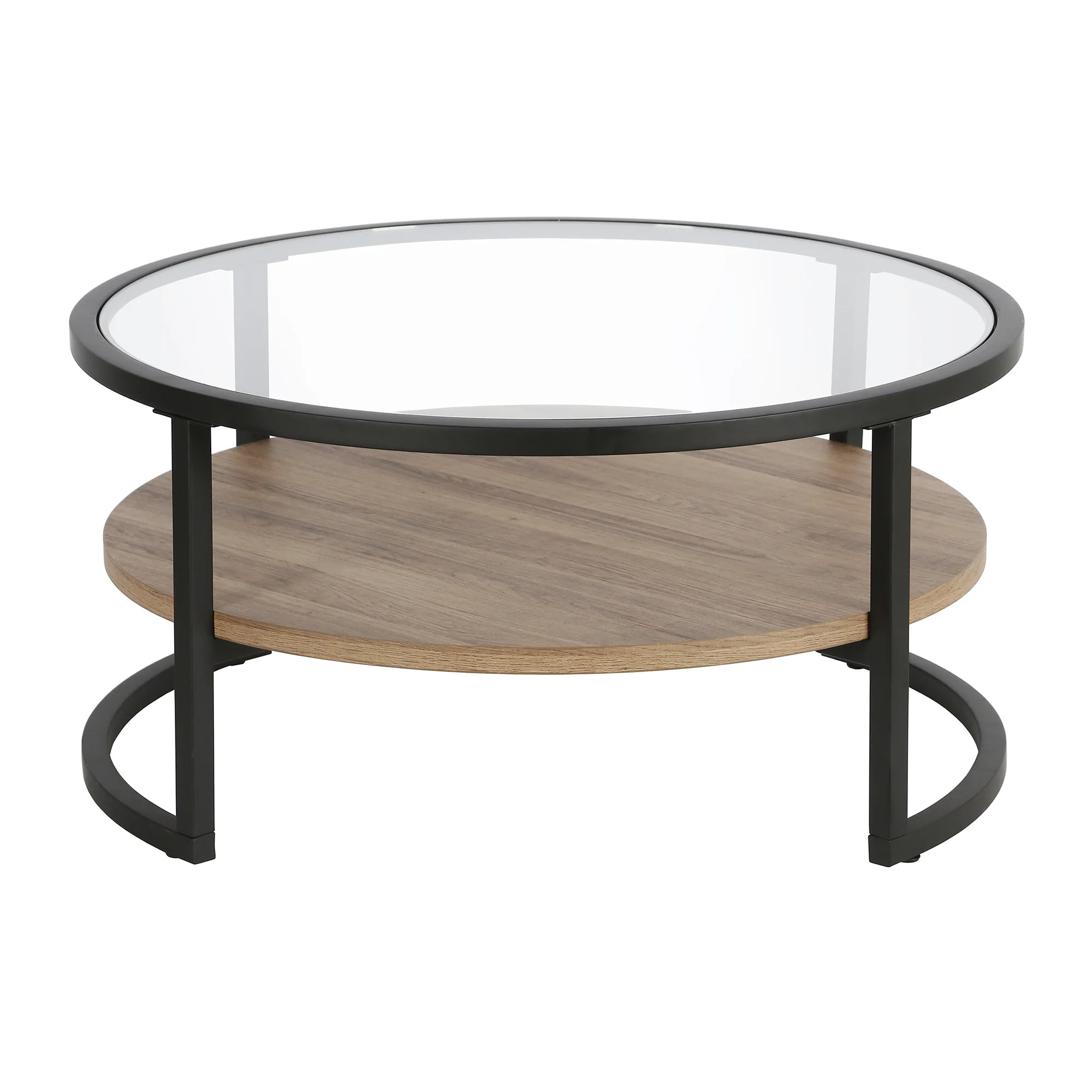34" Black Brown and Glass Round Coffee Table With Shelf By Homeroots