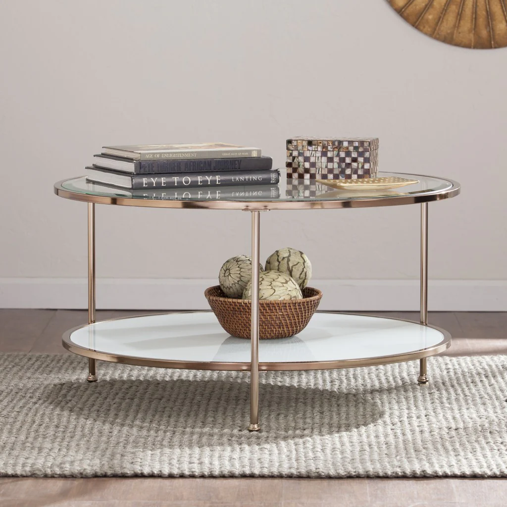 34" Gold Glass And Metal Round Coffee Table By Homeroots