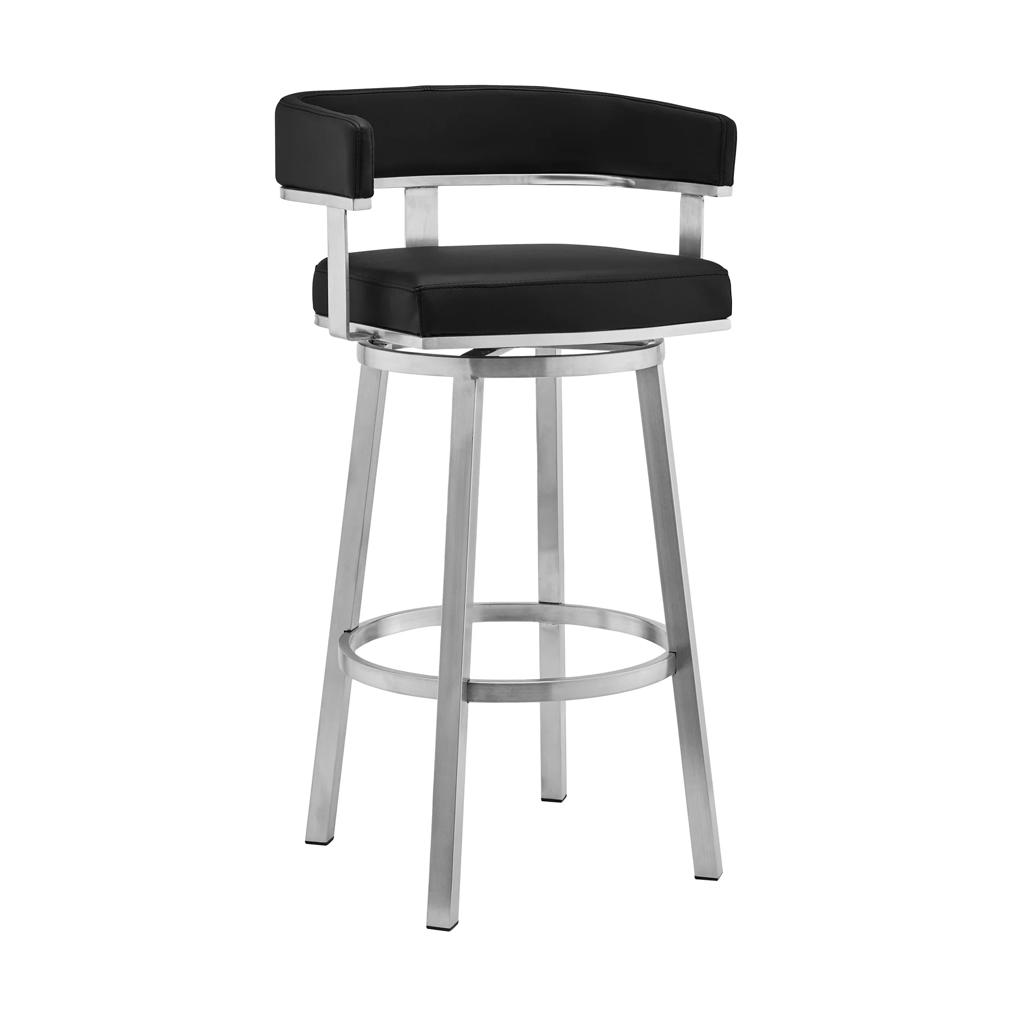 38" Black And Silver Faux Leather Swivel Low Back Bar Height Chair With Footrest By Homeroots