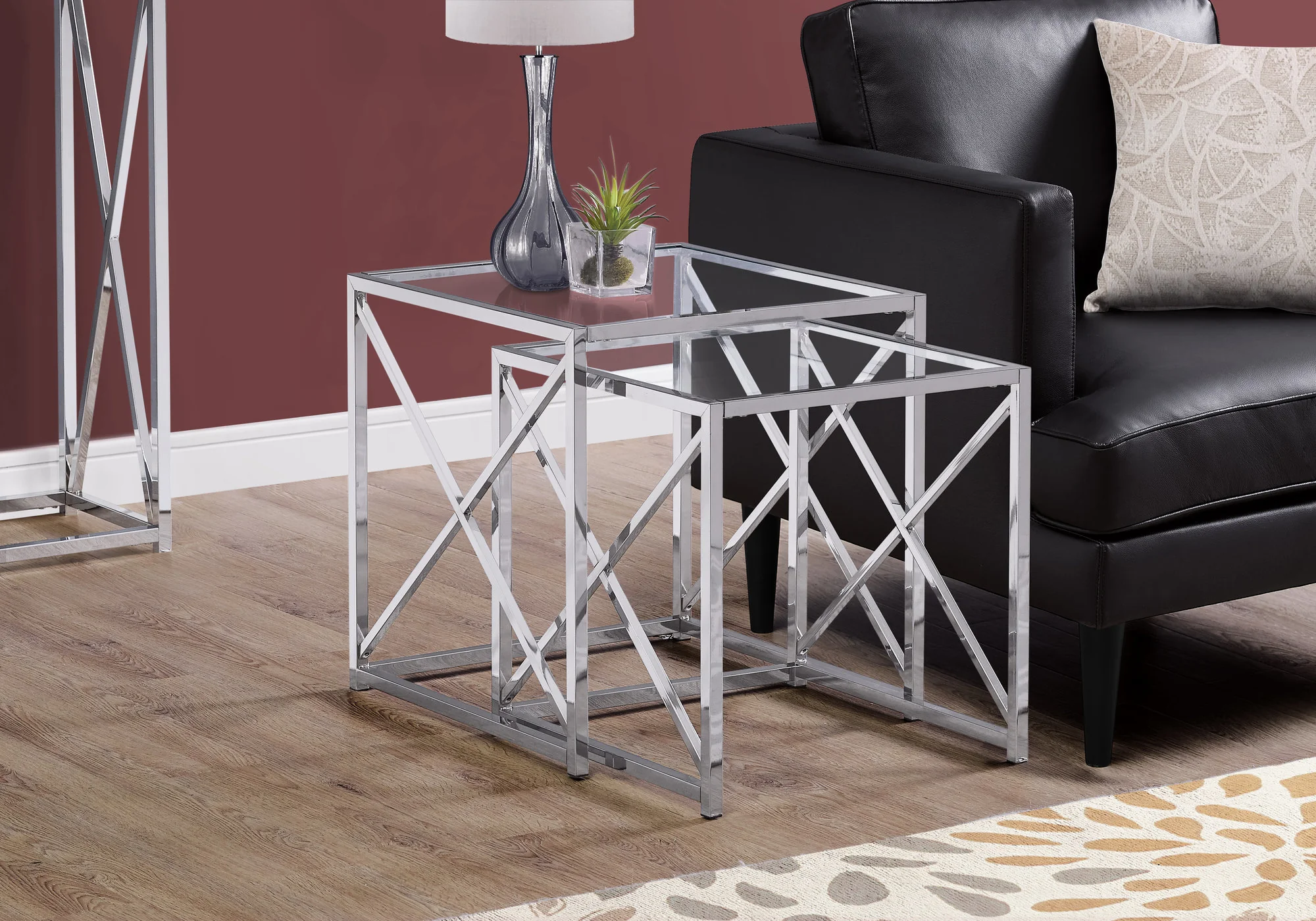 38" Chrome Metal and Tempered Glass Two Pieces Nesting Table Set By Homeroots