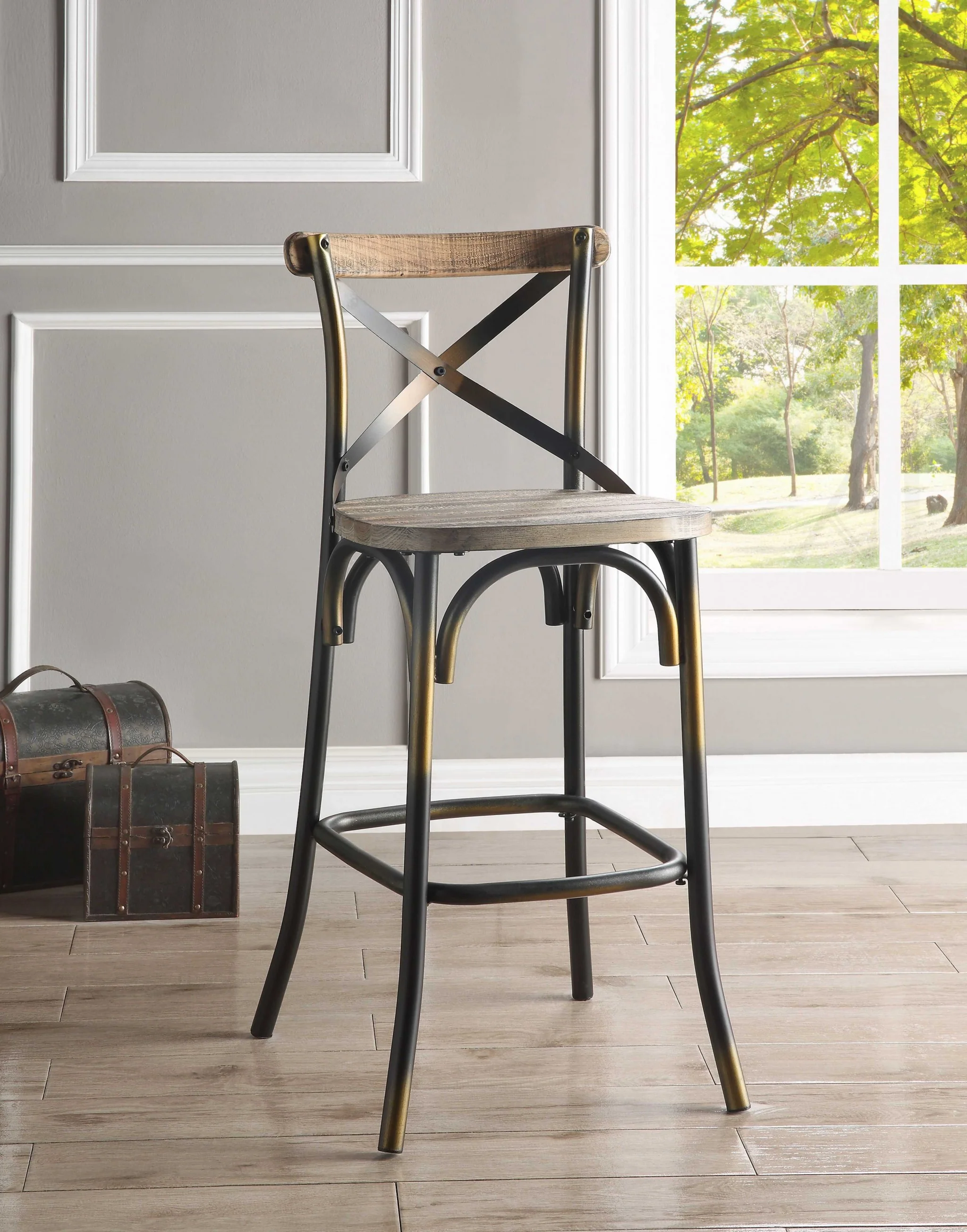 43' High Back Antiqued Copper And Oak Finish Bar Chair By Homeroots