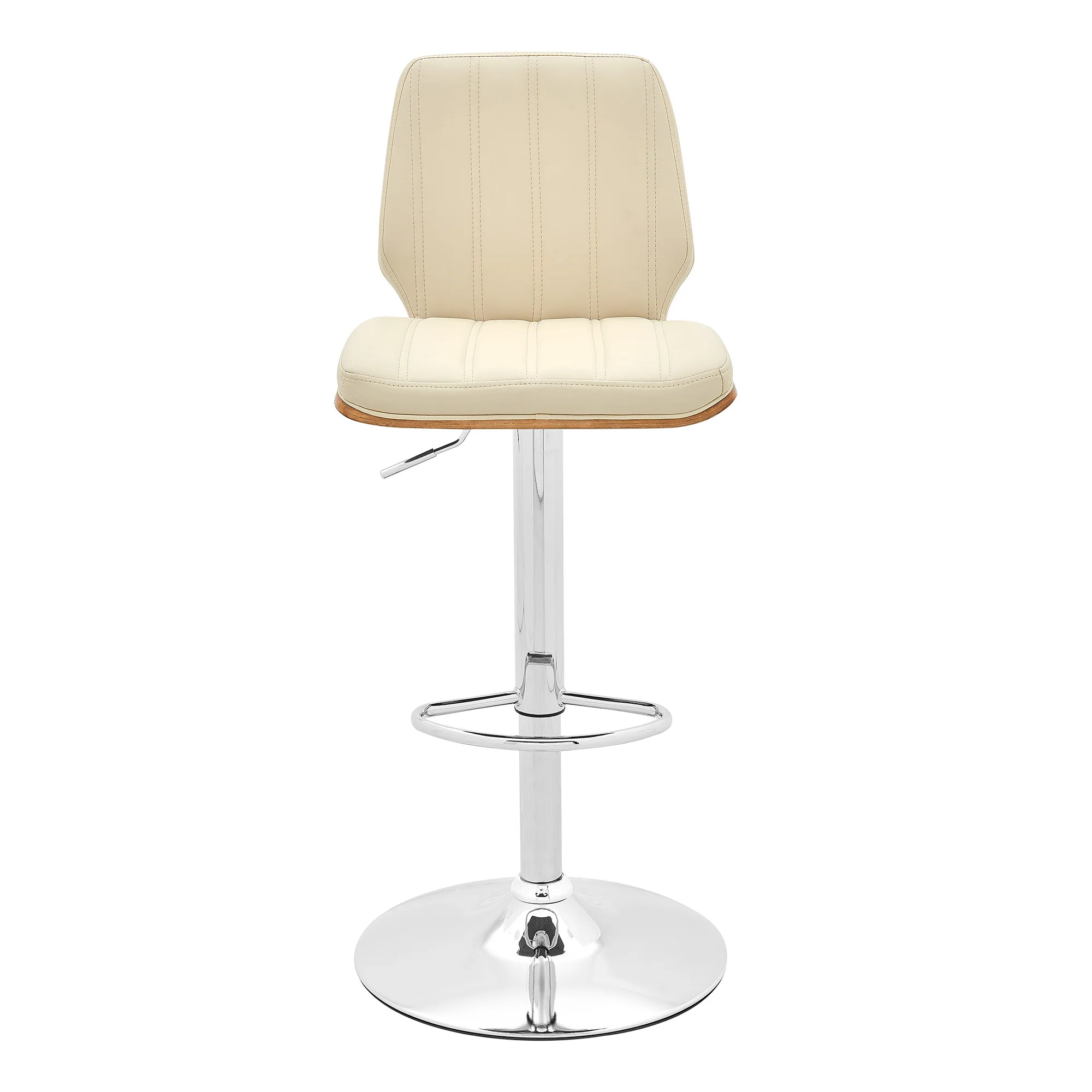 44" Cream And Walnut Faux Leather And Steel Swivel Adjustable Height Bar Chair By Homeroots