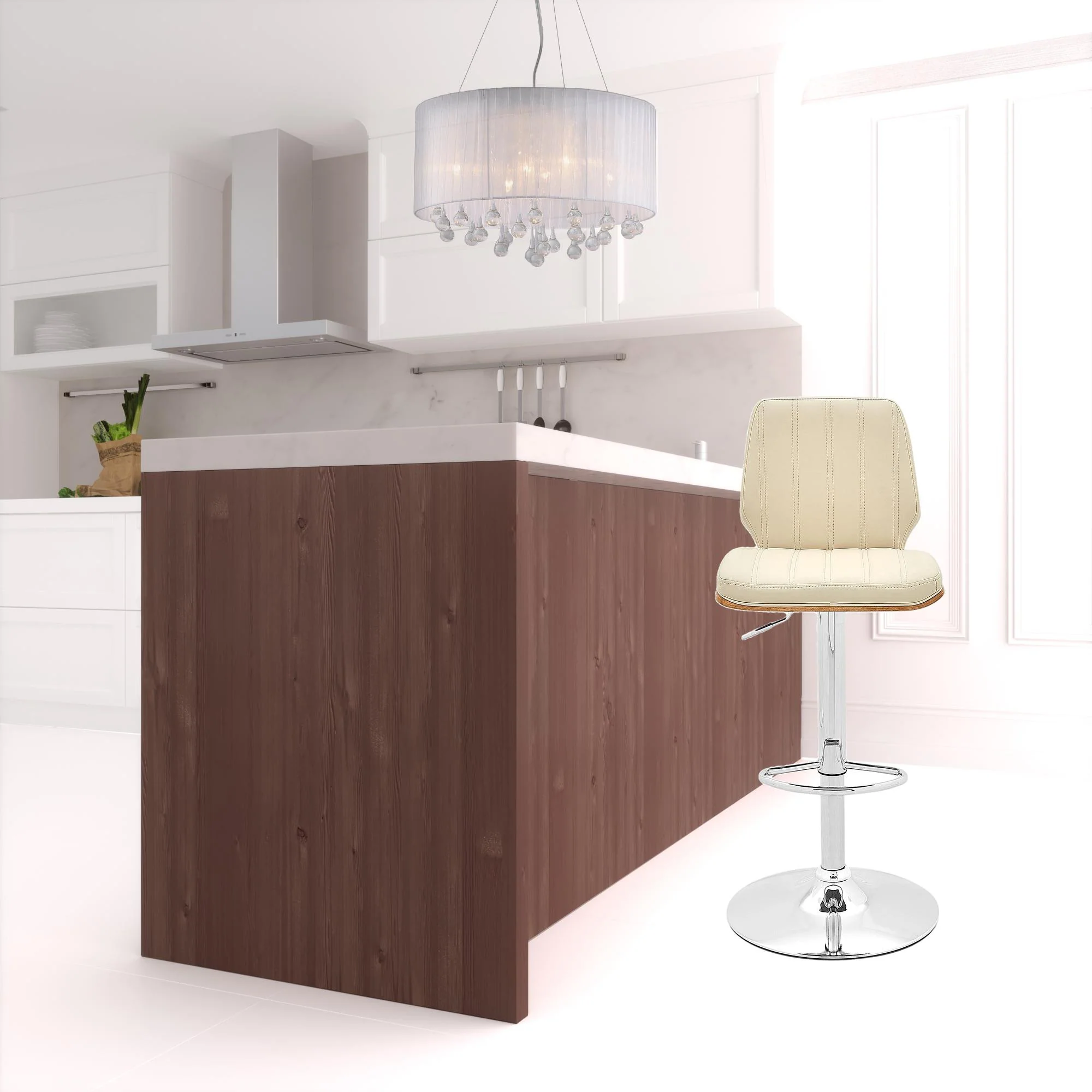 44" Cream And Walnut Faux Leather And Steel Swivel Adjustable Height Bar Chair By Homeroots - Image 2