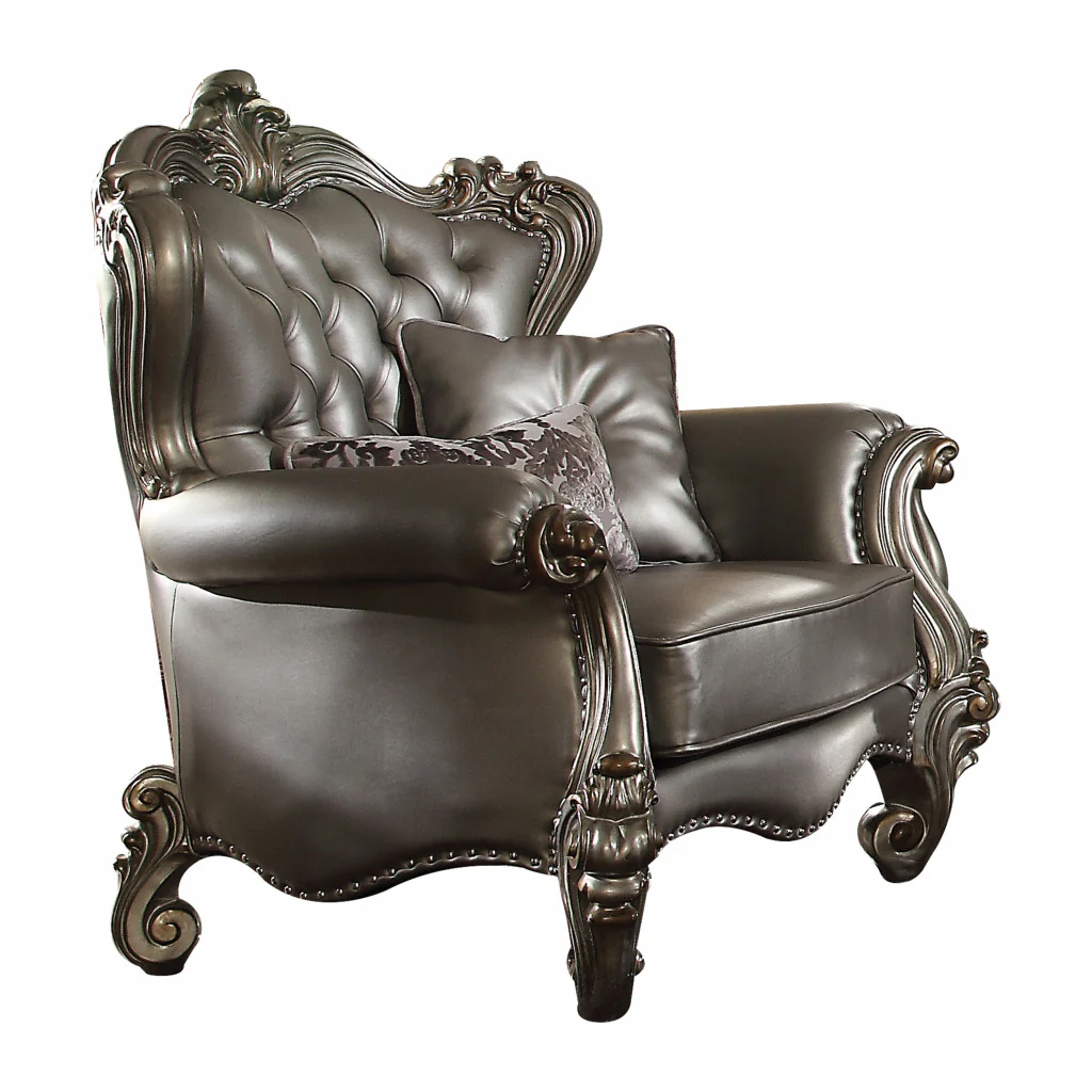 44" Silver and Platinum Faux Leather Tufted Wingback Chair By Homeroots