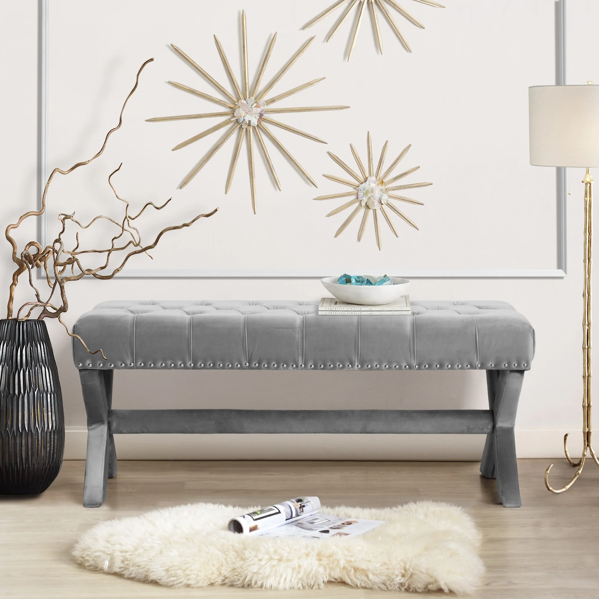 45" Gray Upholstered Velvet Bench By Homeroots