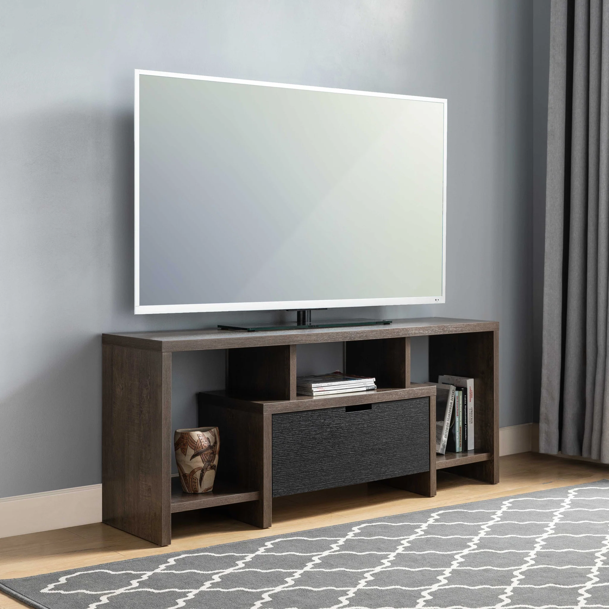 47" Walnut Oak And Black Manufactured Wood Cabinet Enclosed Storage TV Stand By Homeroots - Image 4