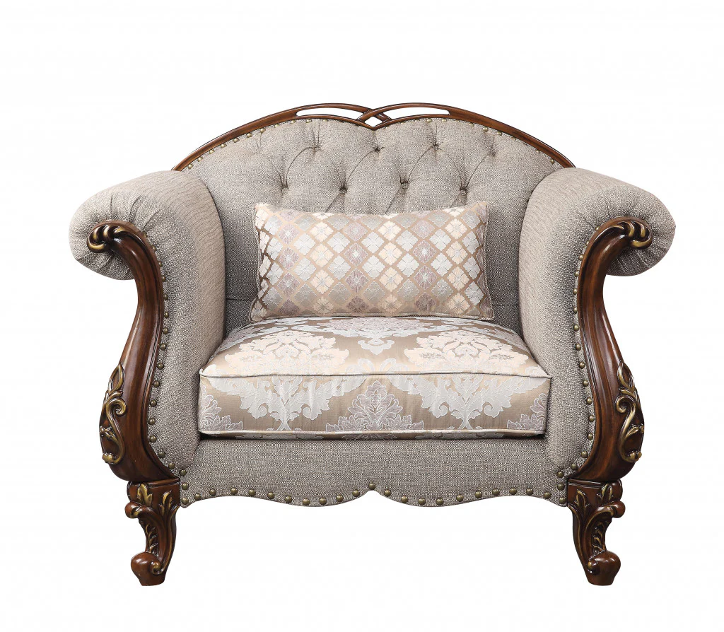 48" Beige Fabric And Cherry Floral Arm Chair By Homeroots