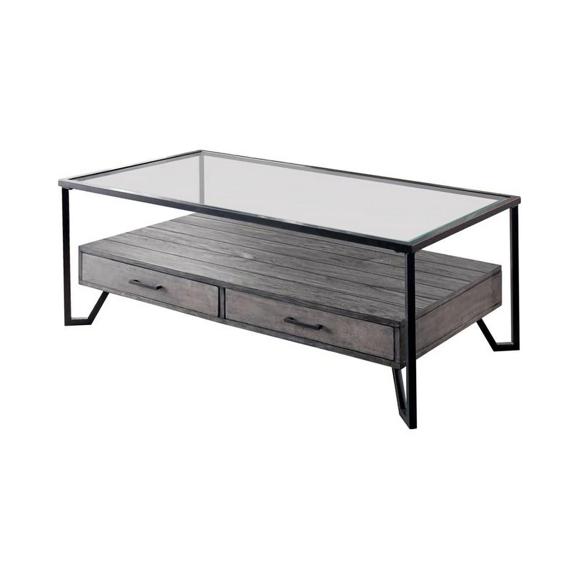 48 Inch Metal Coffee Table With Glass Top And 2 Drawers Gray By Benzara