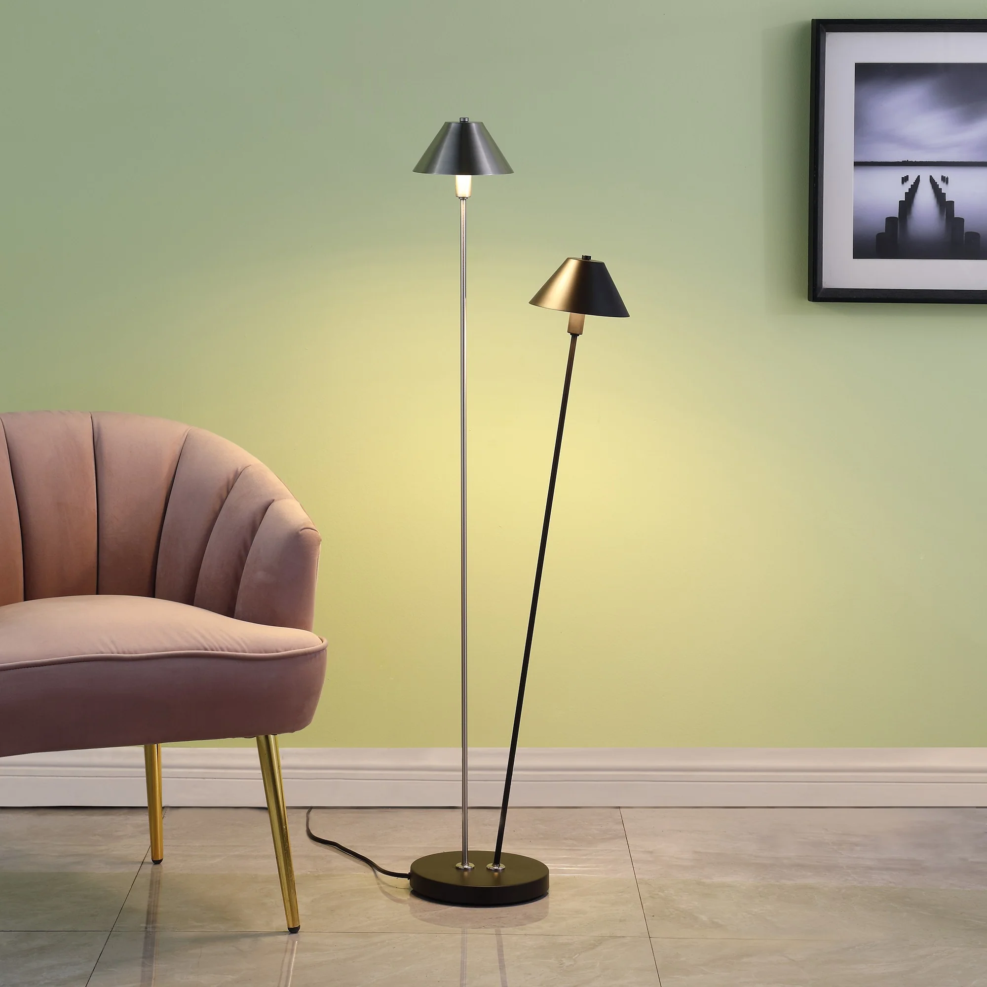 48" Nickel Two Lights LED Novelty Floor Lamp With Black And Silver Empire Shade By Homeroots