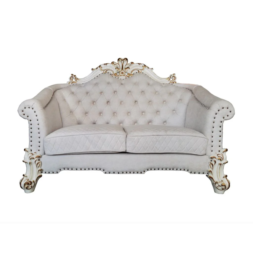 66" Two Tone Ivory And Pearl Velvet Love Seat And Toss Pillows By Homeroots