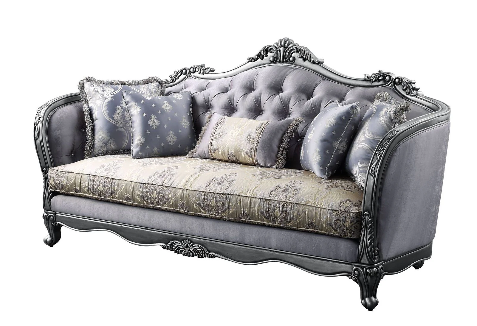 89" Fabric Imitation silk And Platinum Sofa With Five Toss Pillows By Homeroots