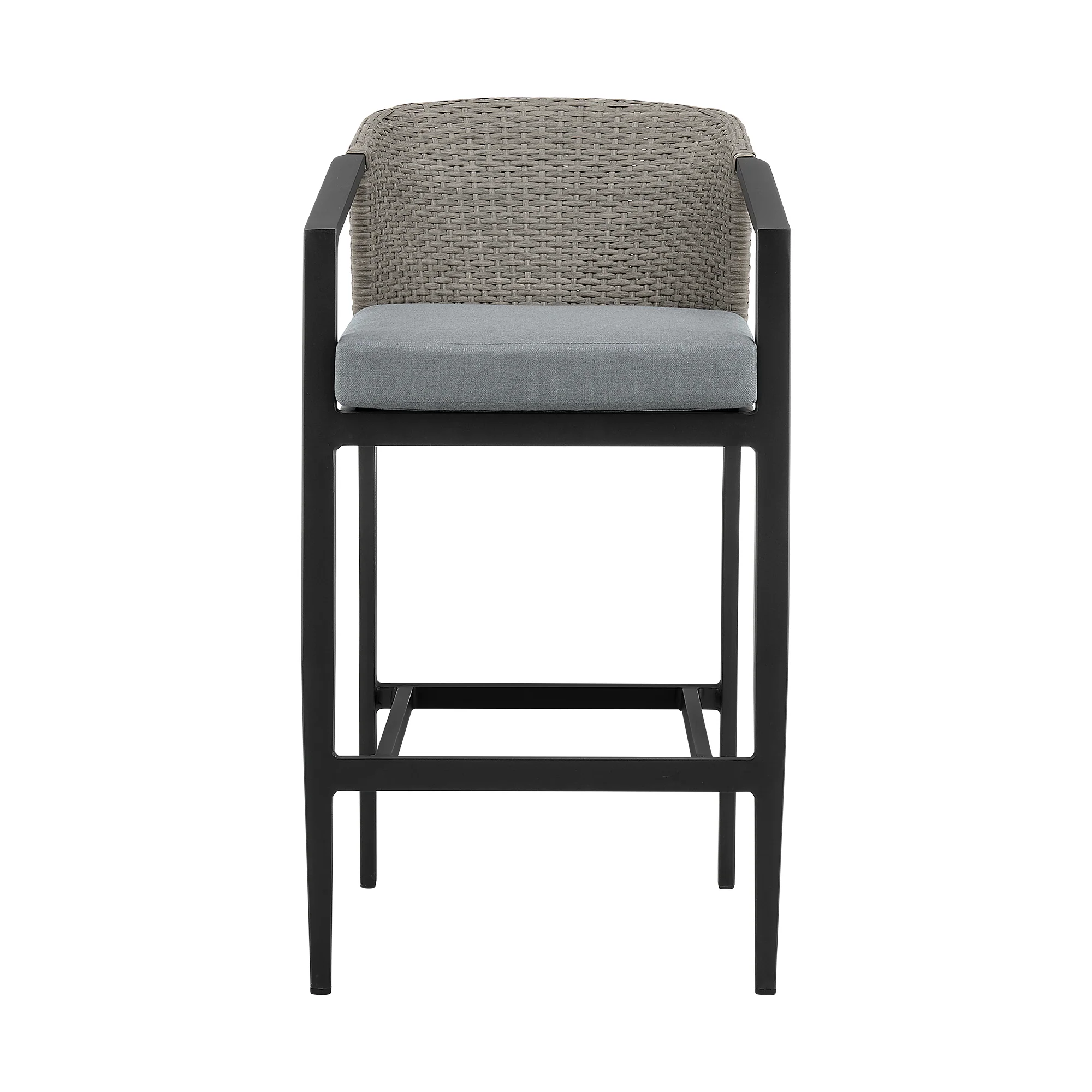 Aileen Outdoor Patio Bar Stool in Aluminum and Wicker with Grey Cushions By Armen Living - Image 4