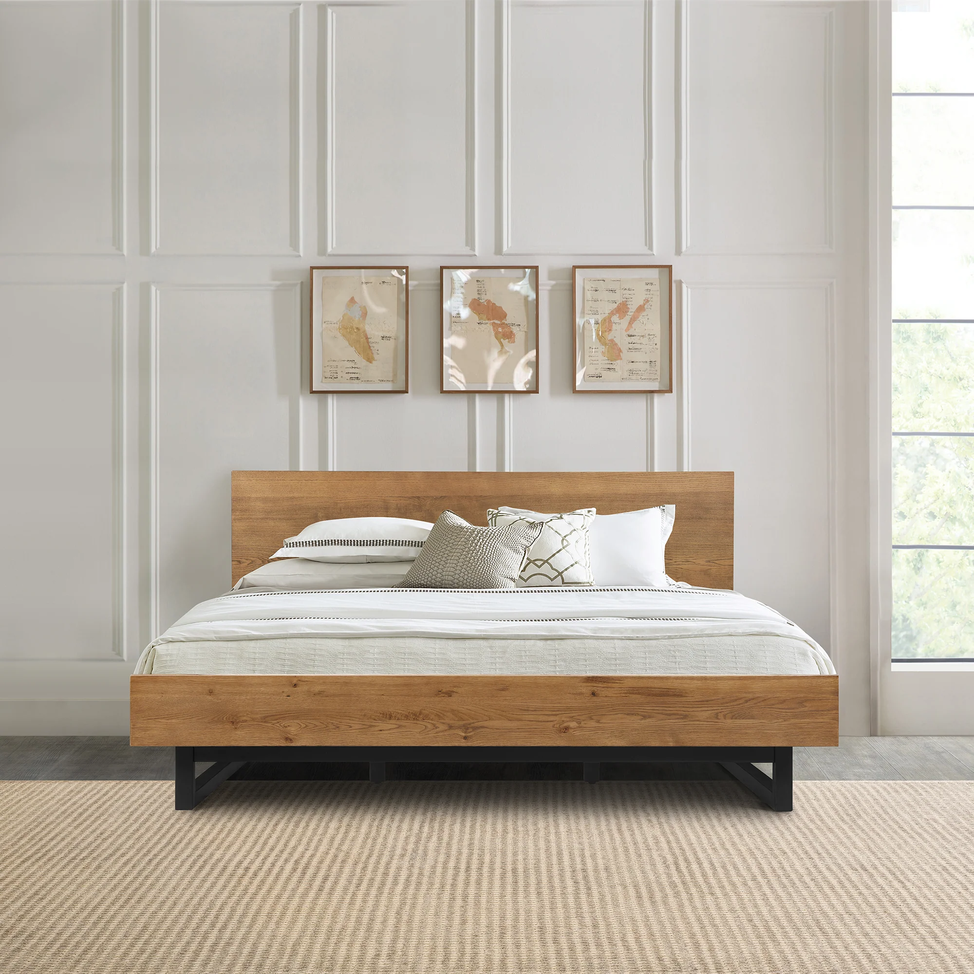 Aldo Queen Size Brown Oak Wood Platform Bed Frame with Black Metal Legs By Armen Living