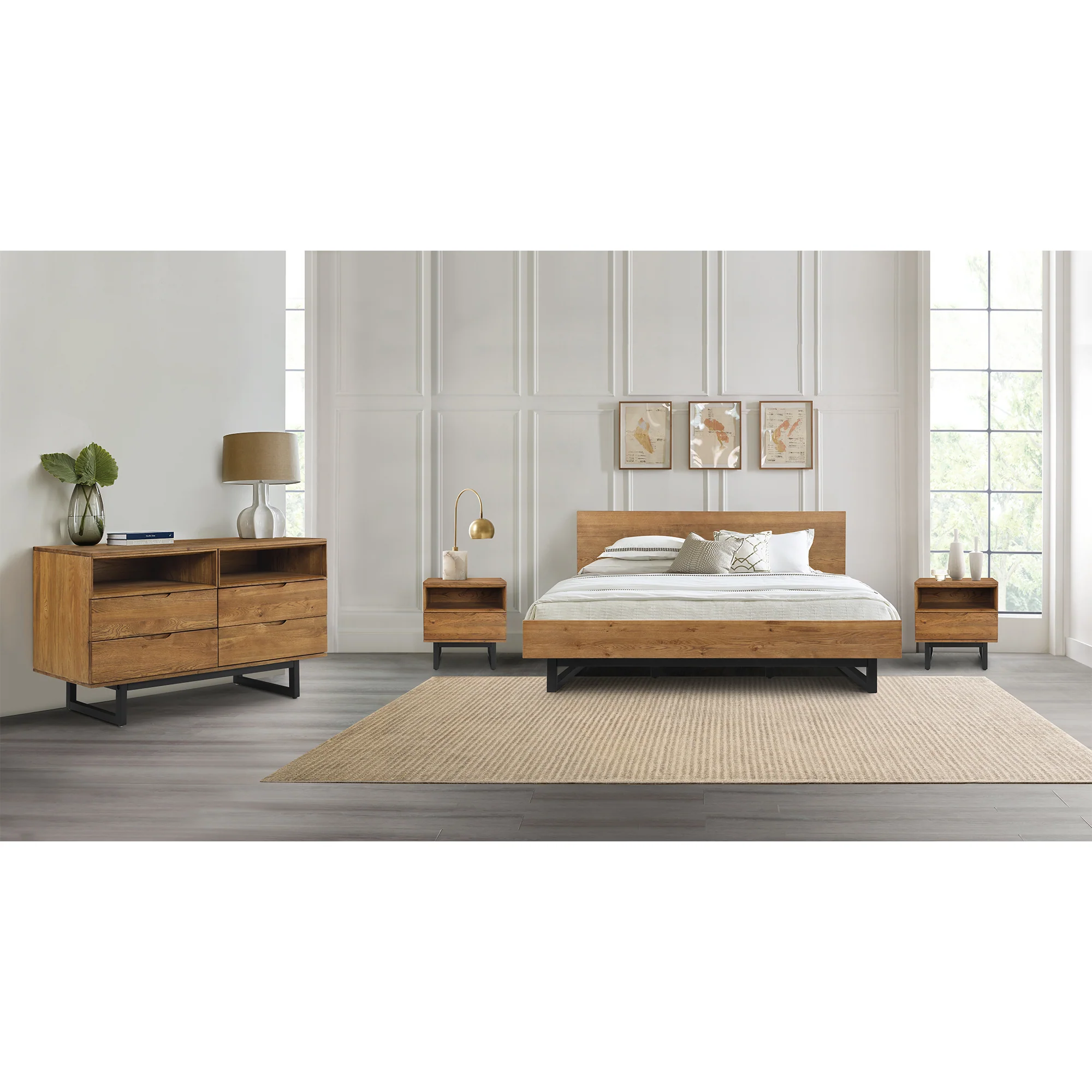 Aldo Queen Size Brown Oak Wood Platform Bed Frame with Black Metal Legs By Armen Living - Image 3