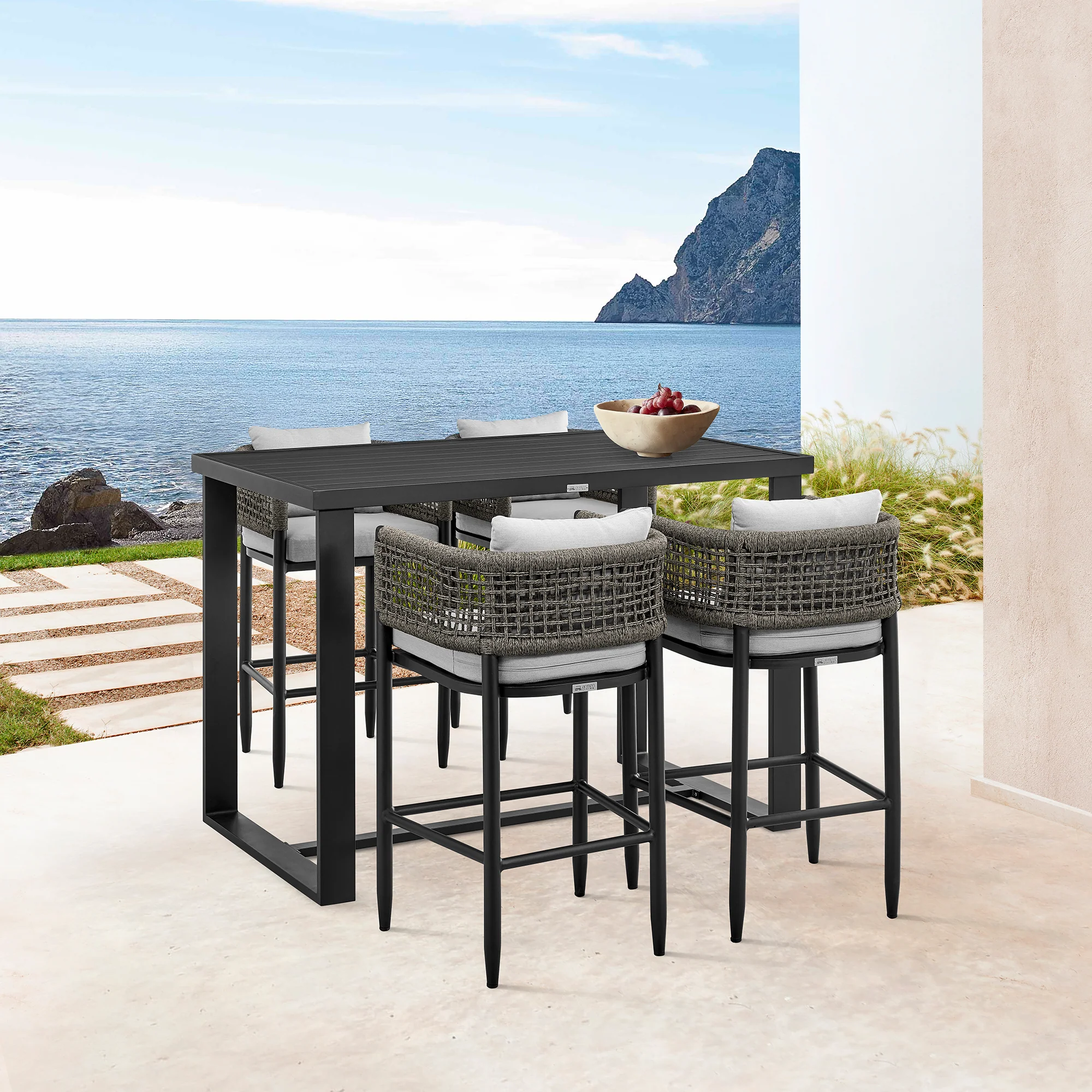 Alegria Outdoor Patio Bar Stool in Aluminum with Gray Rope and Cushions By Armen Living - Image 2