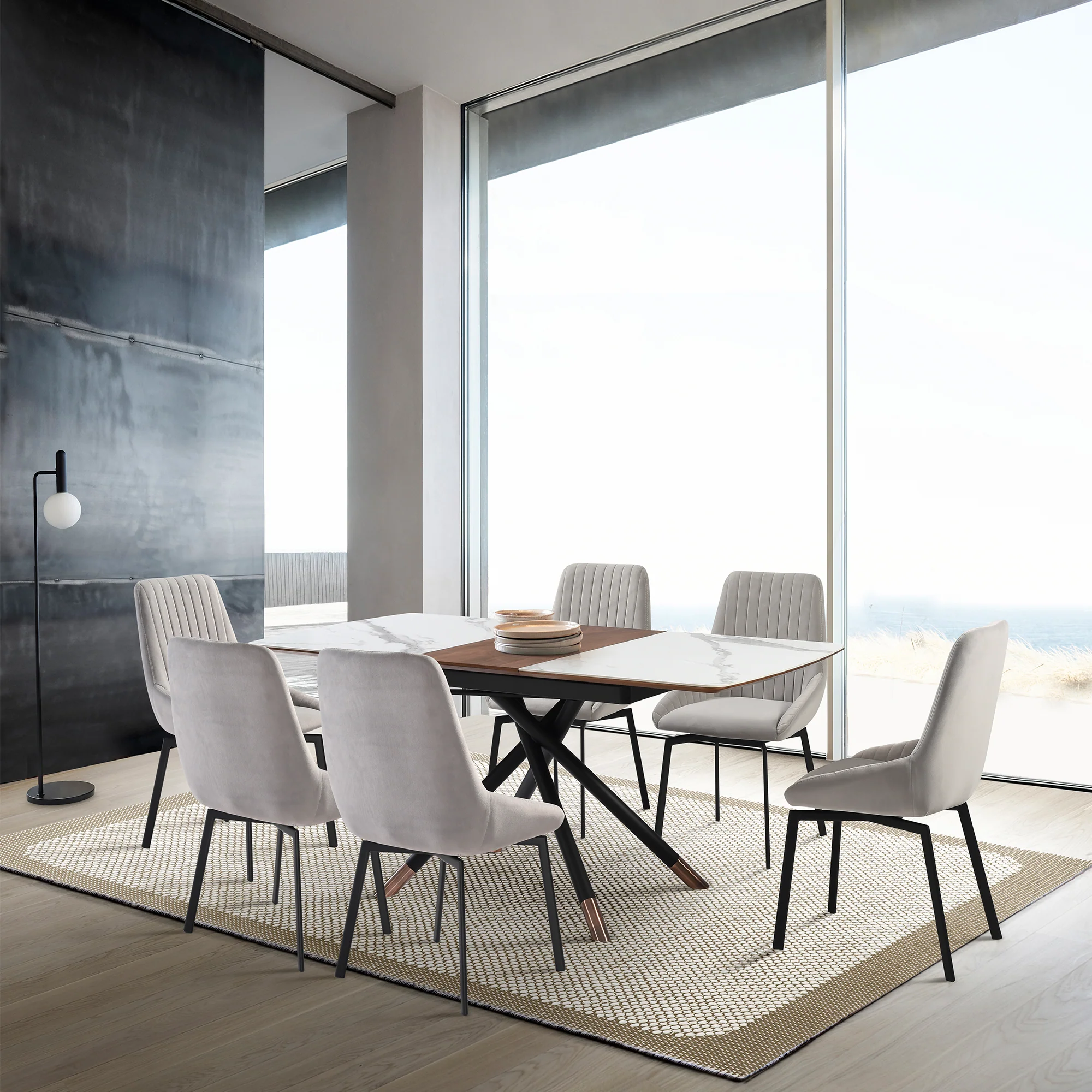 Alora Susie Extendable 7 Piece Dining Set with Gray Fabric Chairs By Armen Living