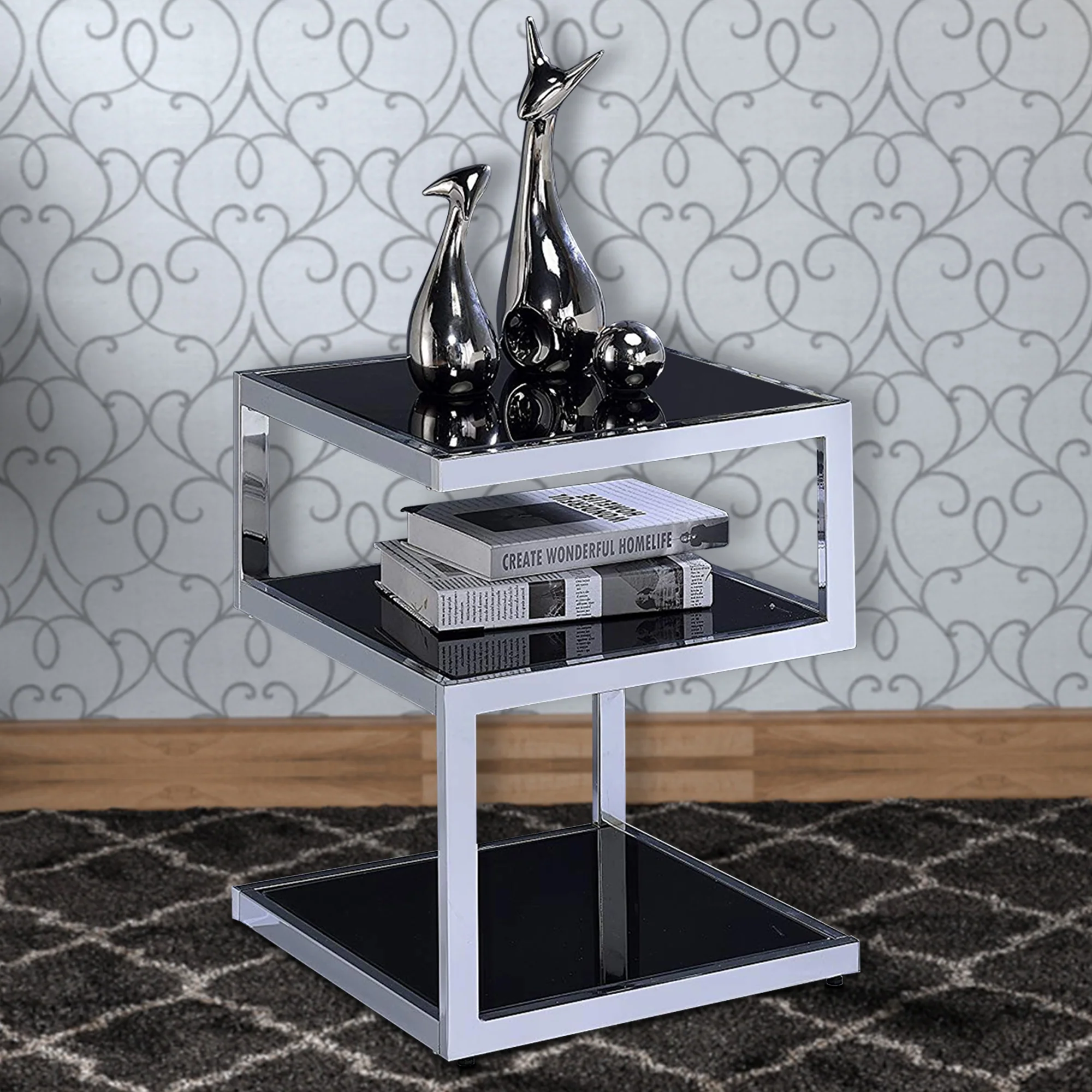 Alyea End Table, Black Glass & Chrome By Benzara
