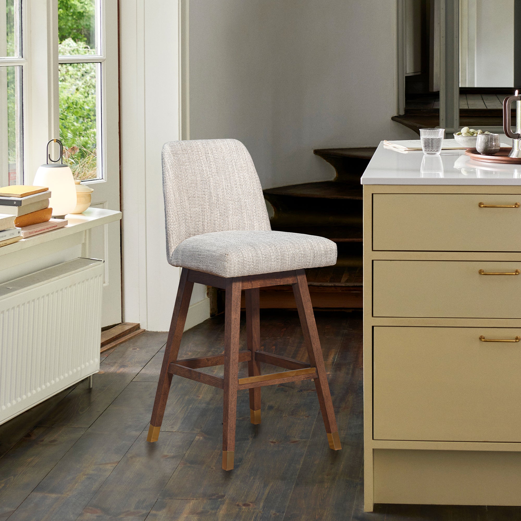 Amalie Swivel Counter Stool in Brown Oak Wood Finish with Beige Fabric By Armen Living