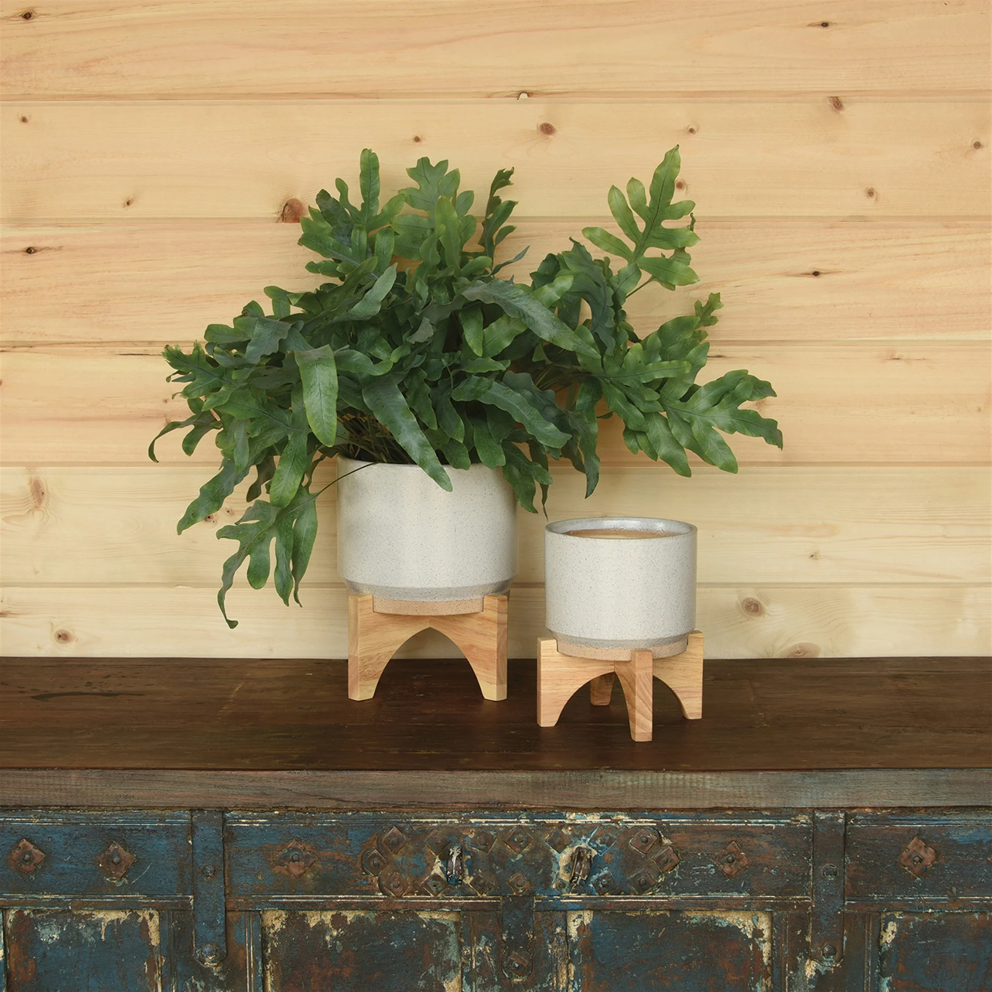 Ames Cachepot, Ceramic with Wood - Large - White, Natural Set Of 2 By HomArt - Image 2