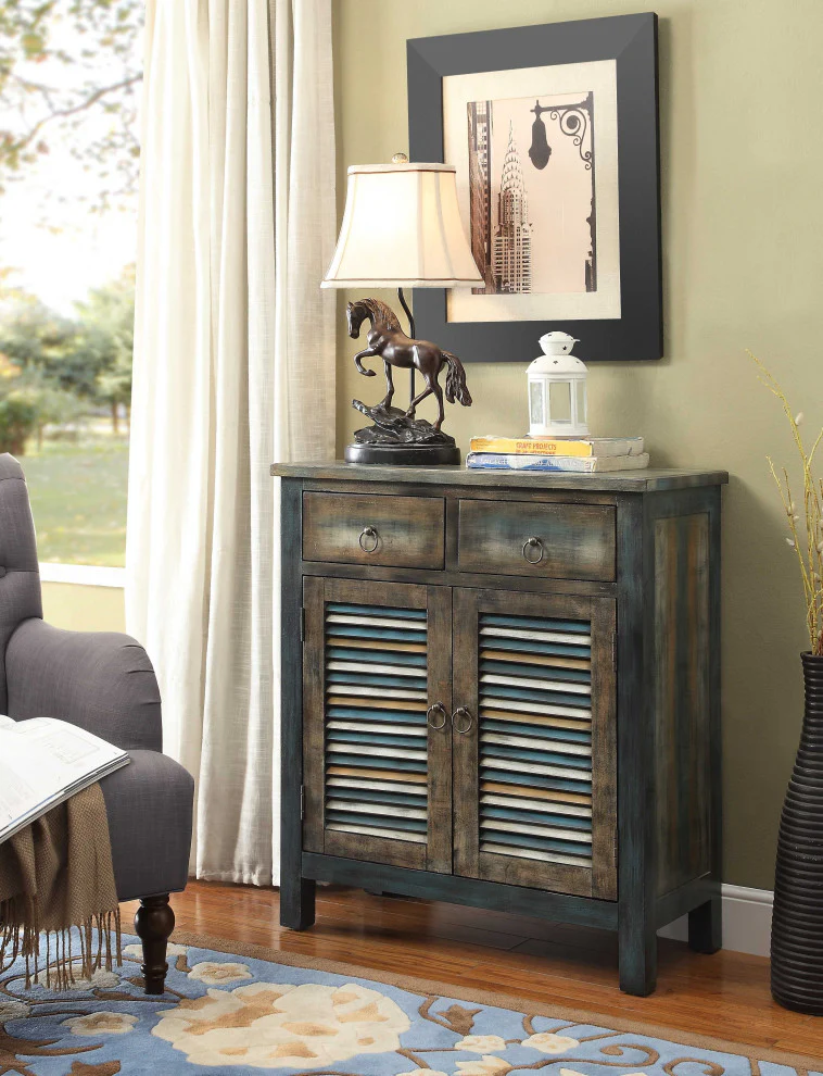 Antique Oak And Teal Wooden Console Table By Homeroots