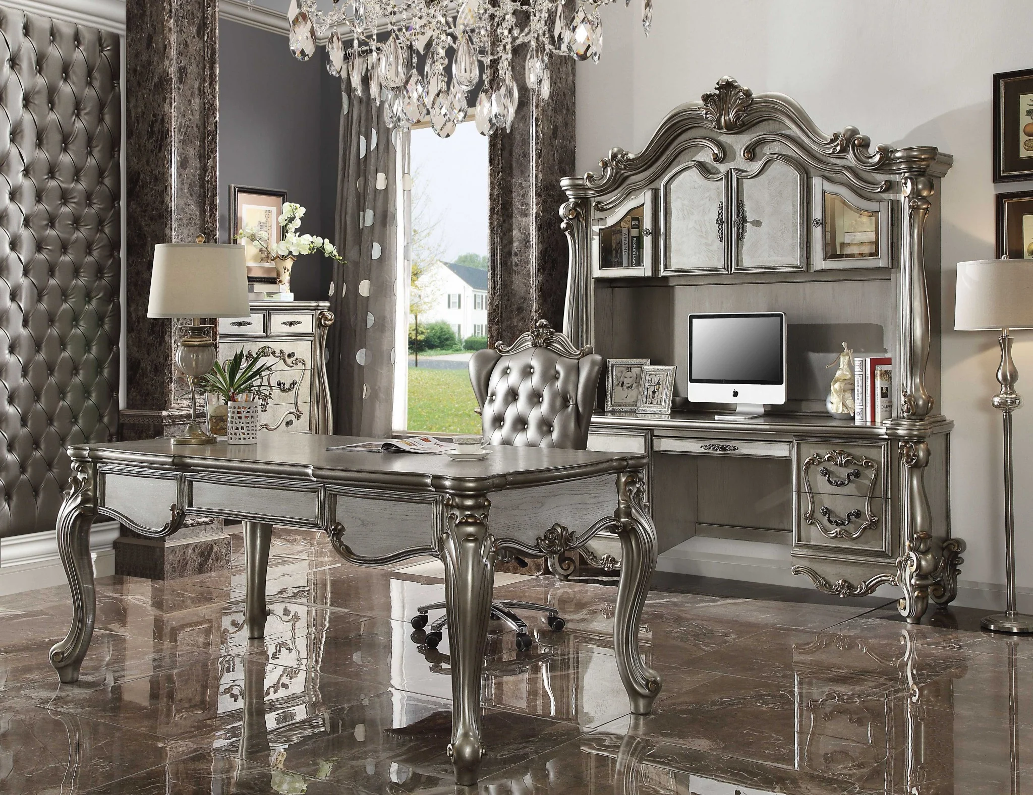 Antique Platinum Wood Poly Resin Glass Computer Desk & Hutch By Homeroots