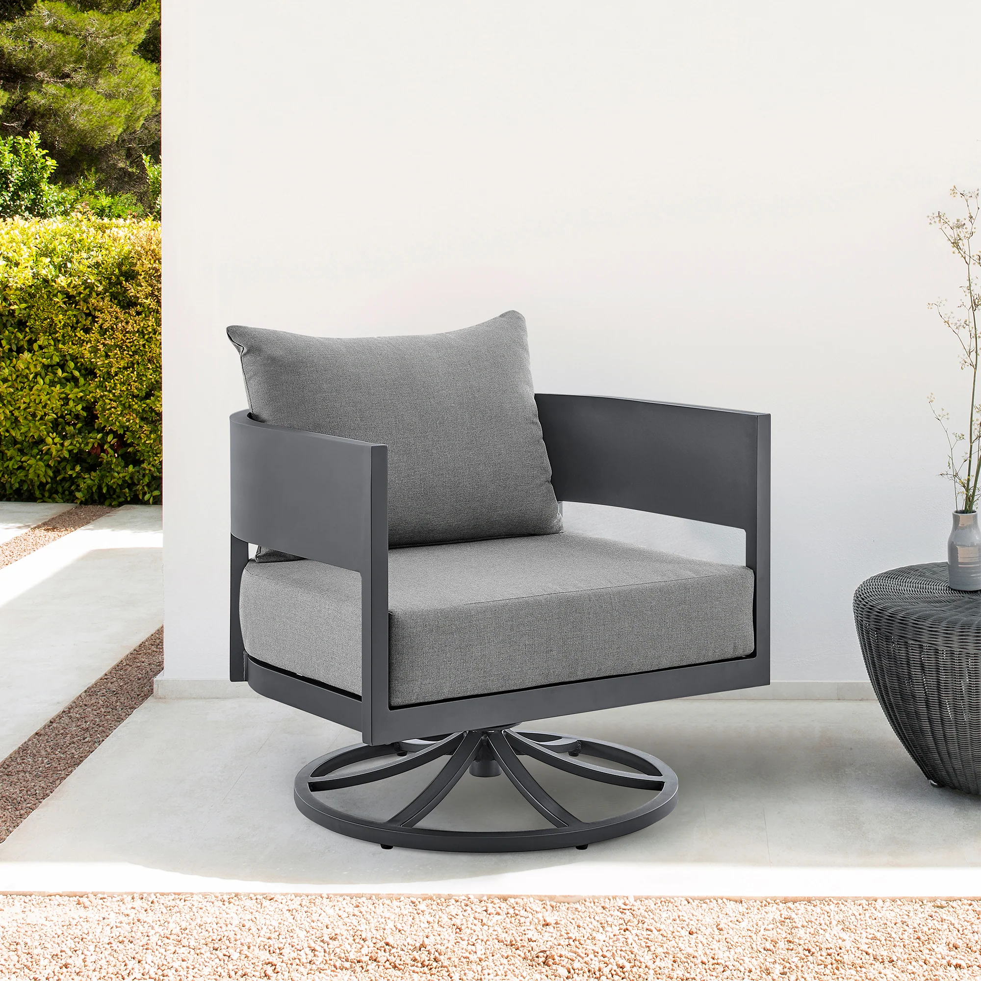 Argiope Outdoor Patio Swivel Rocking Chair in Grey Aluminum with Cushions By Armen Living