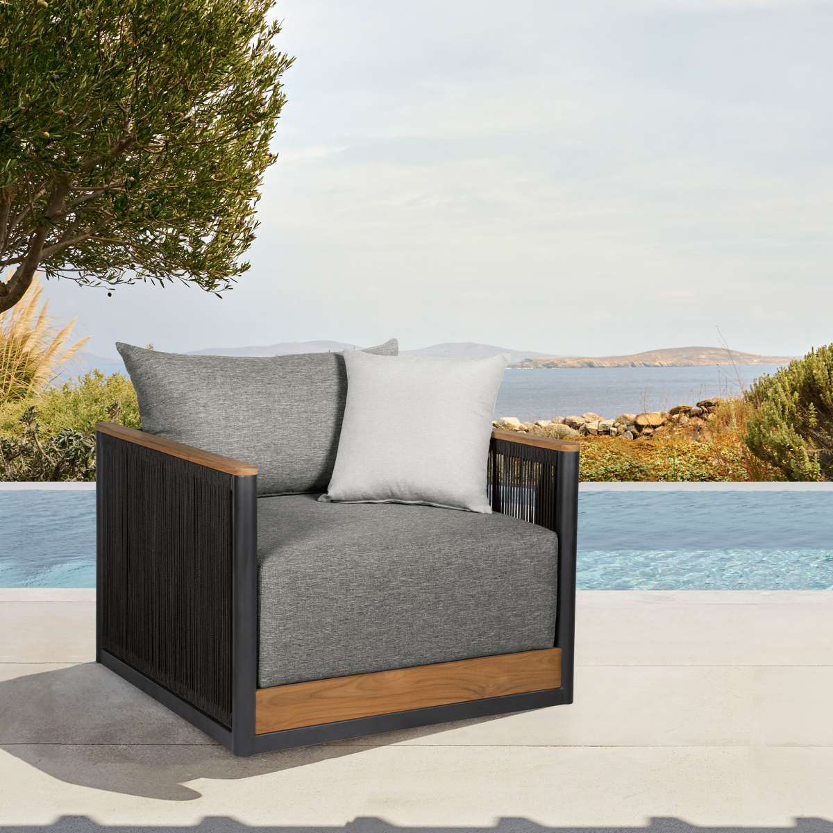 Artesia Outdoor Patio Chair in Teak Wood and Black Rope with Dark Gray Olefin Cushions By Armen Living