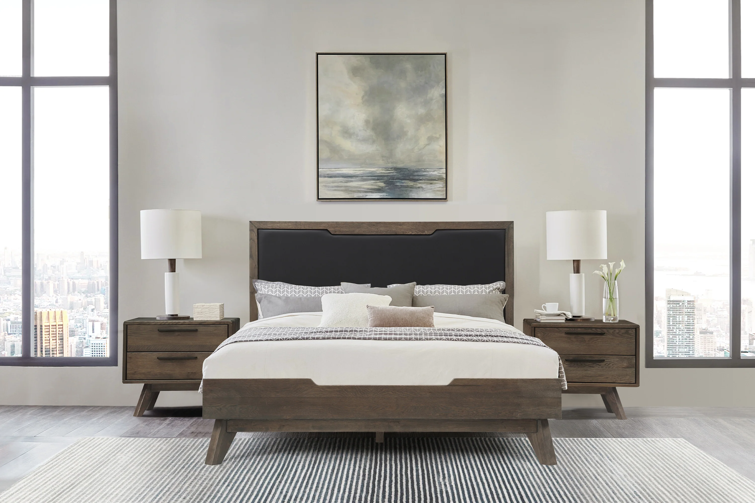 Astoria 3 Piece Queen Bedroom Set in Oak with Black Faux Leather  By Armen Living