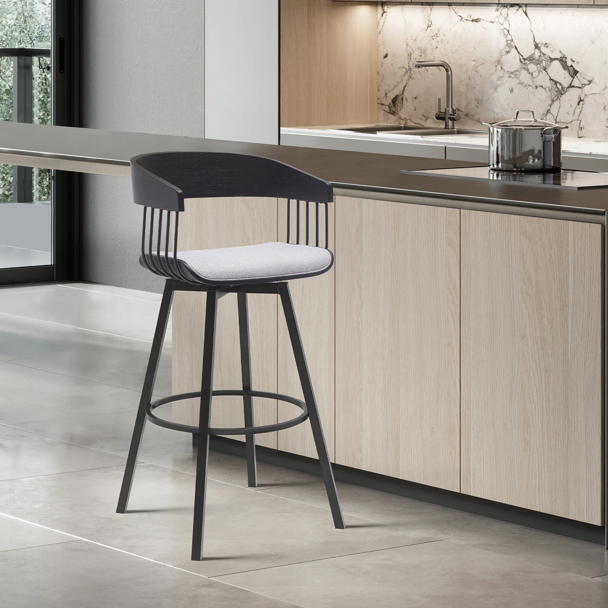 Athena 31" Swivel Black Wood Bar Stool in Light Gray Fabric with Black Metal By Armen Living