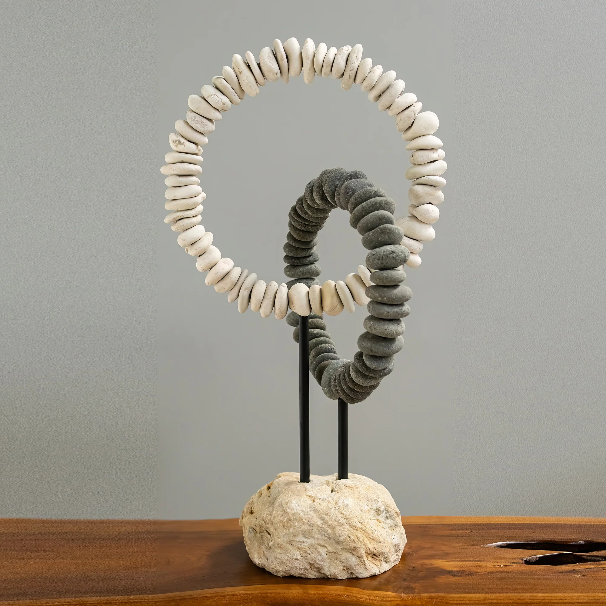 B&W Stone Double Ring on Stand Set of 2 By Garden Age Supply - Image 2