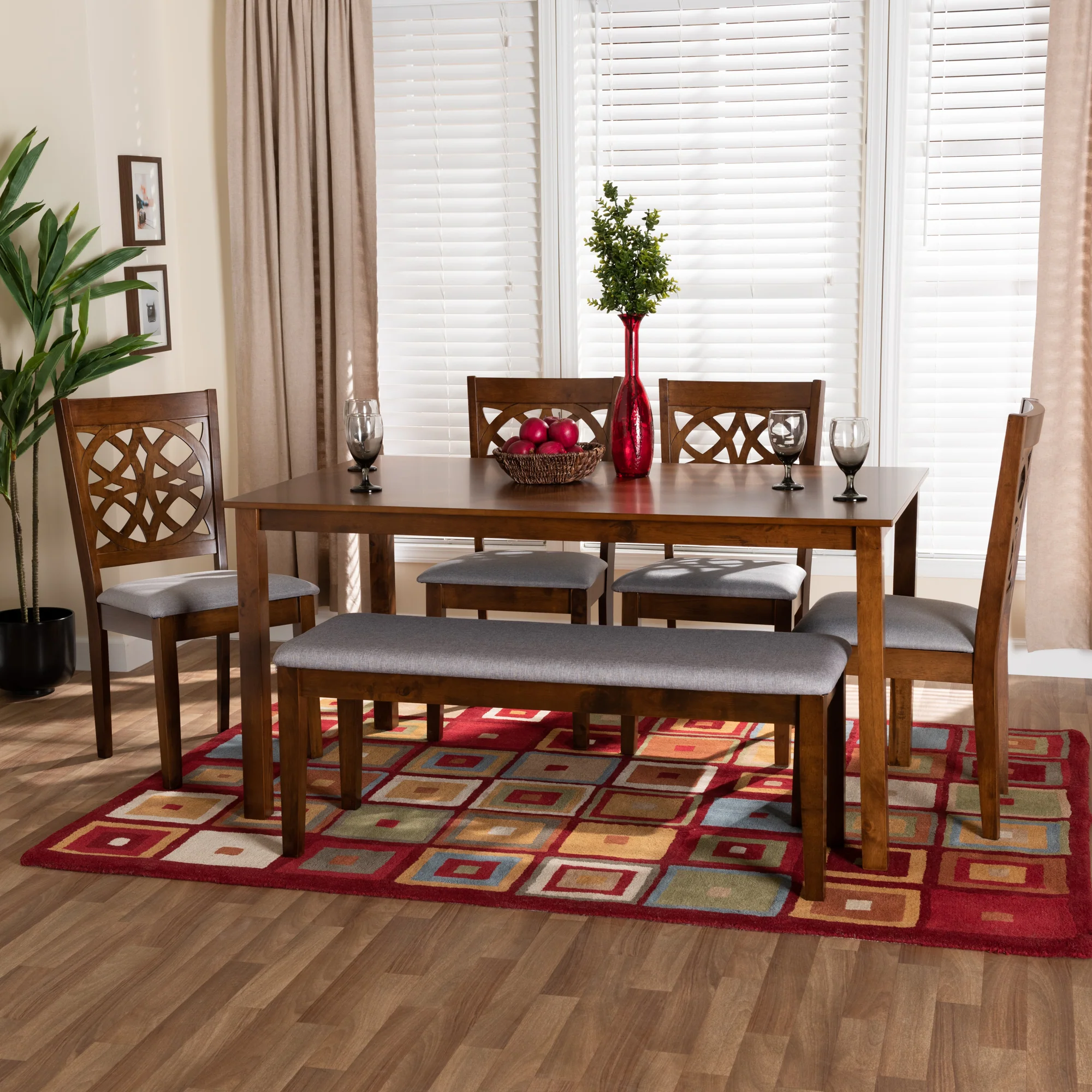 Baxton Studio Abigail Modern Grey Fabric and Walnut Brown Finished Wood 6-Piece Dining Set