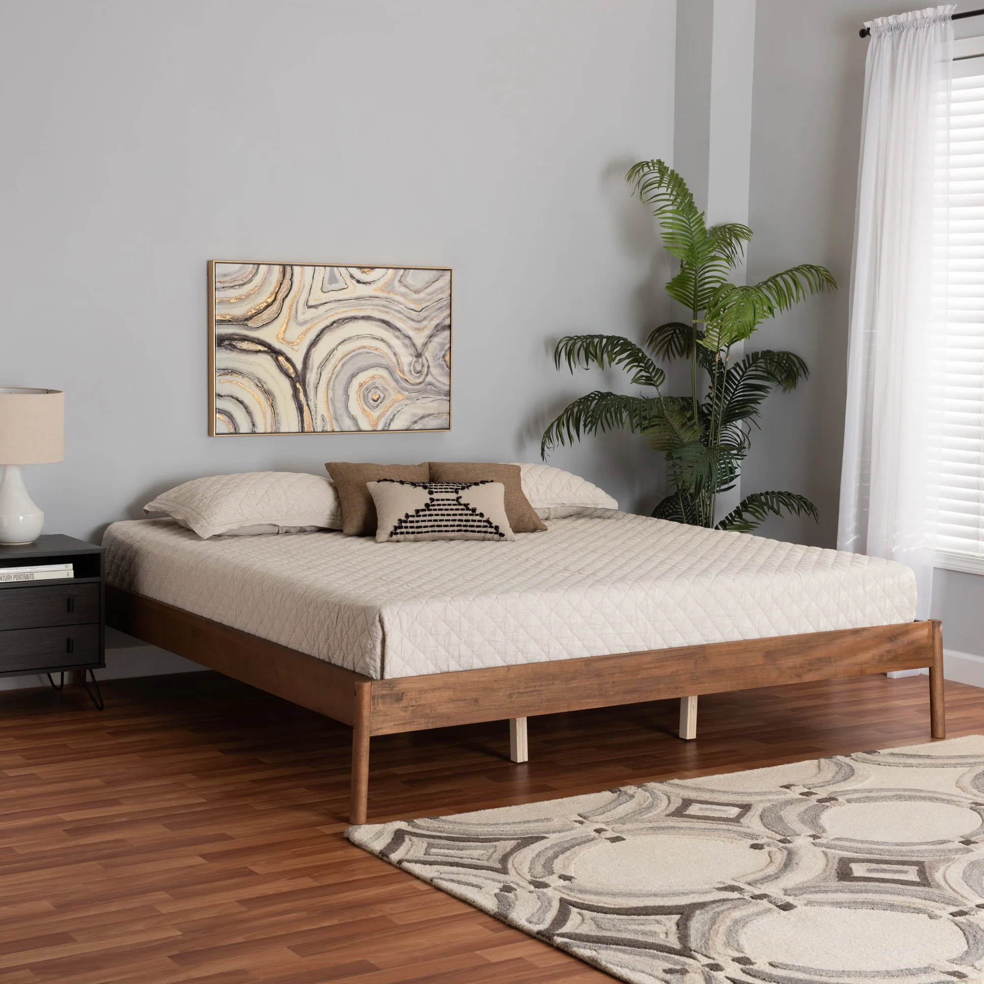 Baxton Studio Agatis Mid-Century Modern Ash Walnut Finished Wood Queen Size Bed Frame