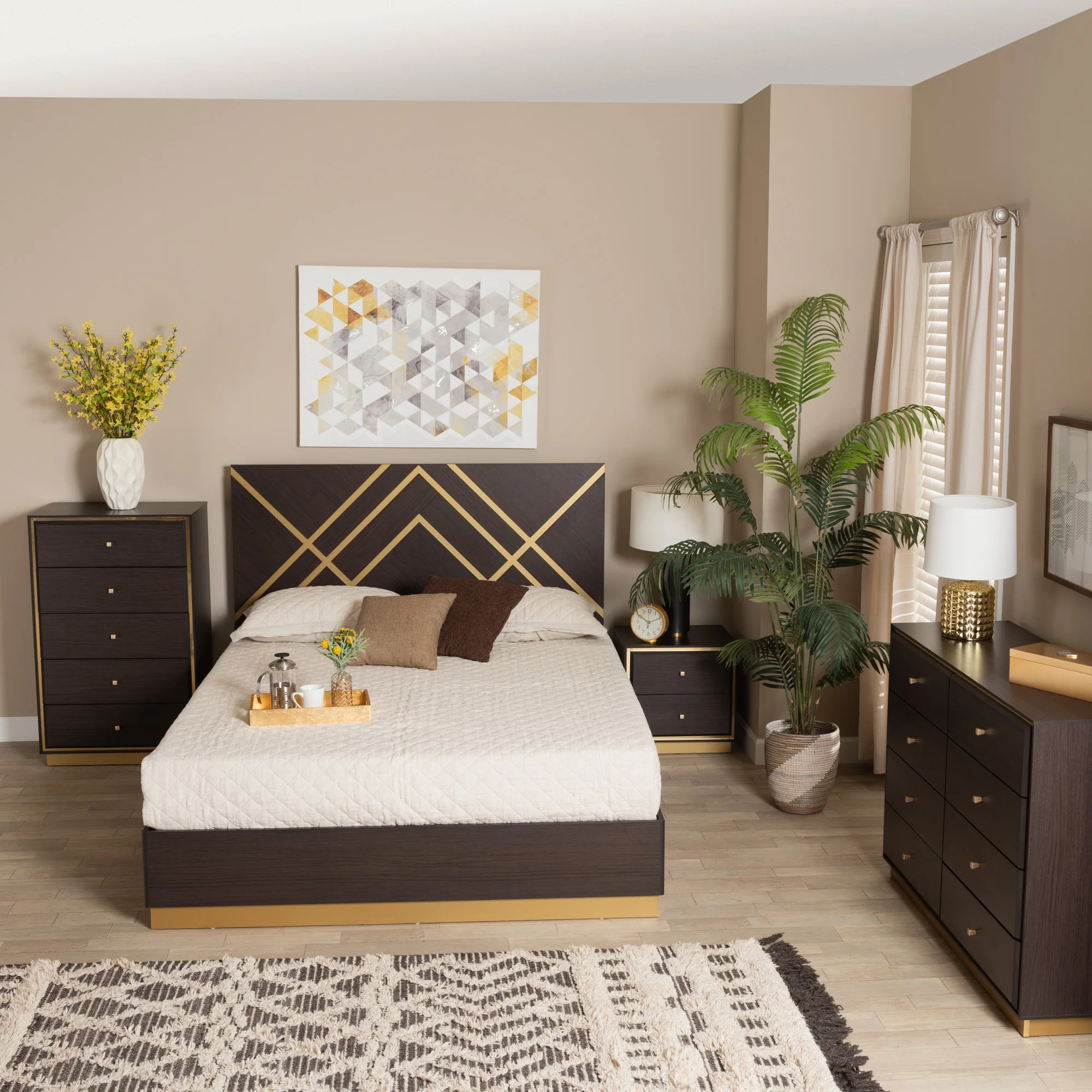 Baxton Studio Arcelia Contemporary Glam and Luxe Two-Tone Dark Brown and Gold Finished Wood Queen Size 4-Piece Bedroom Set with Chest