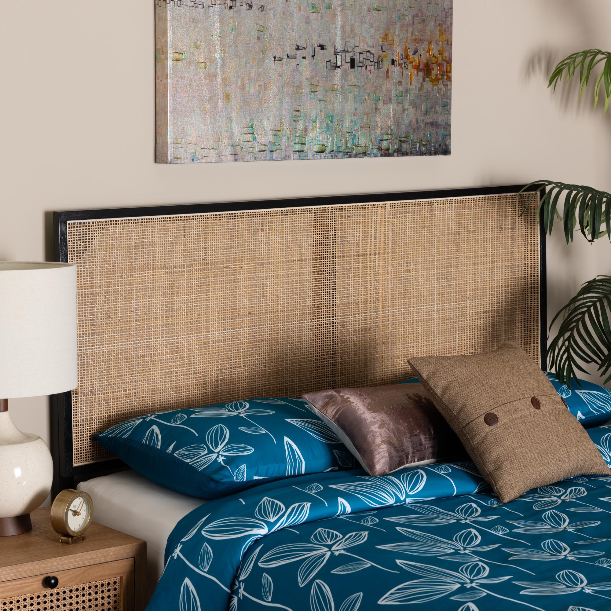 Baxton Studio bali & pari Aurelia Modern Bohemian Black Finished Bayur Wood and Natural Rattan Queen Size Headboard