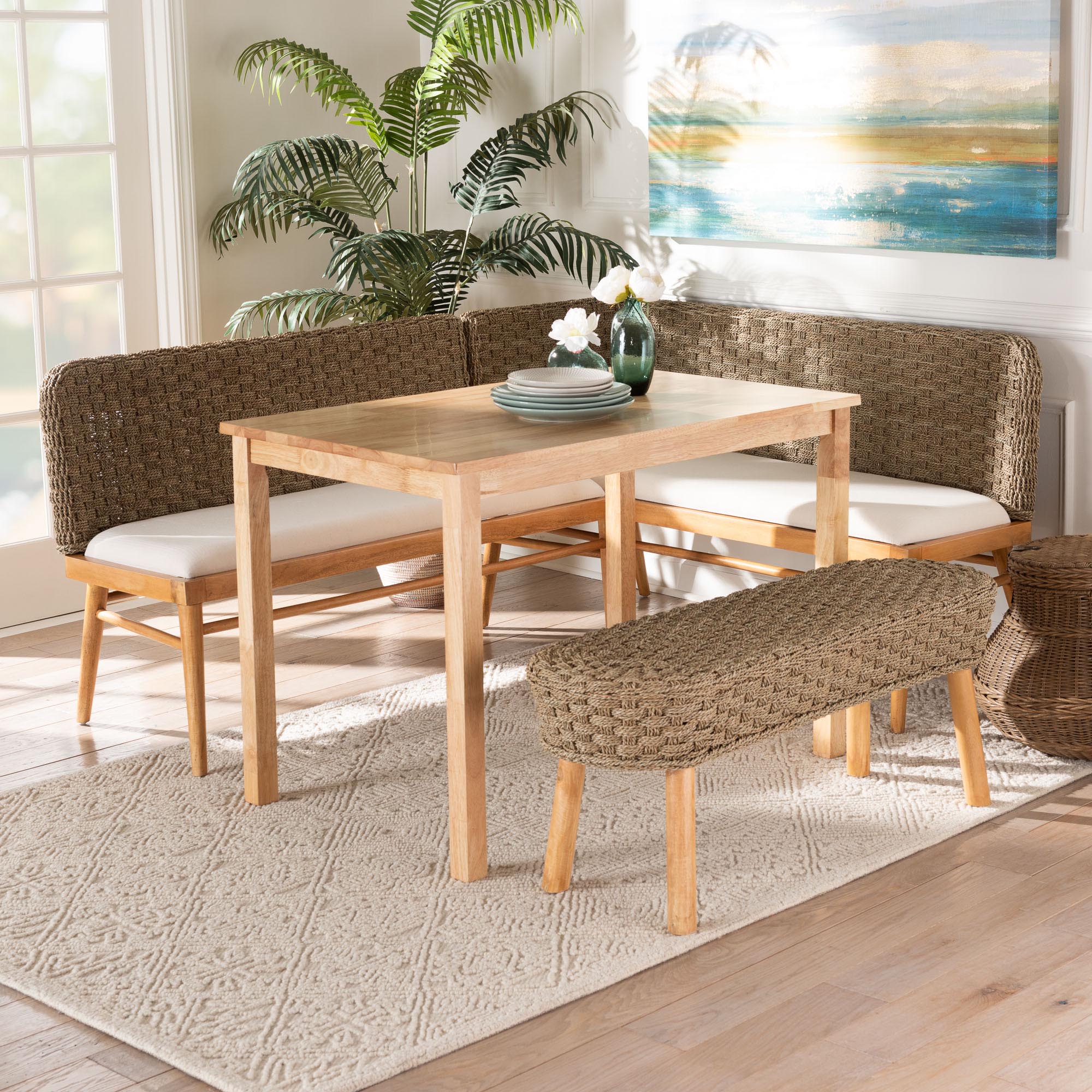 Baxton Studio bali & pari Denver Modern Bohemian Natural Seagrass and Acacia Wood 4-Piece Dining Nook Set