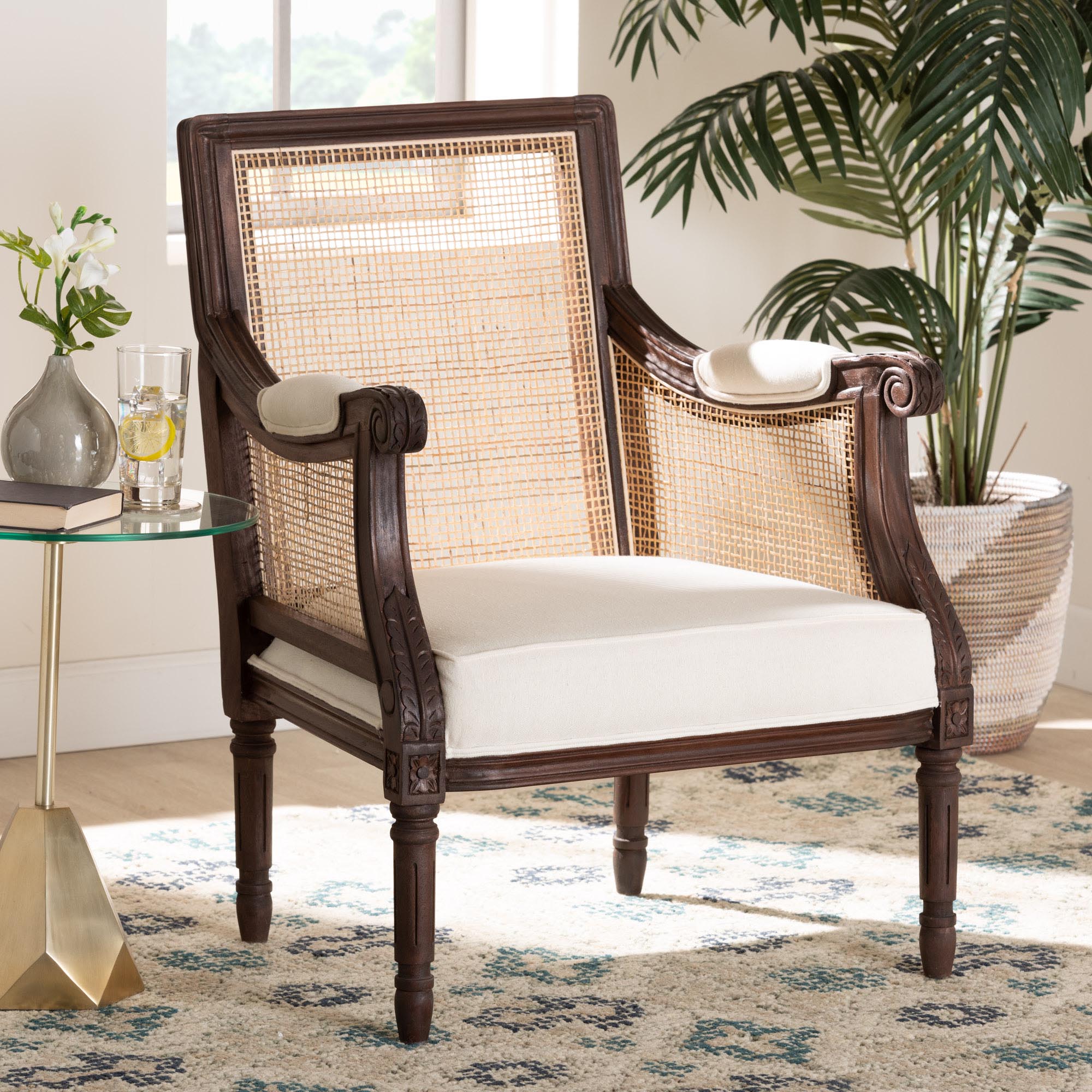 Baxton Studio bali & pari Desmond Traditional French Beige Fabric and Dark Brown Finished Wood Accent Chair