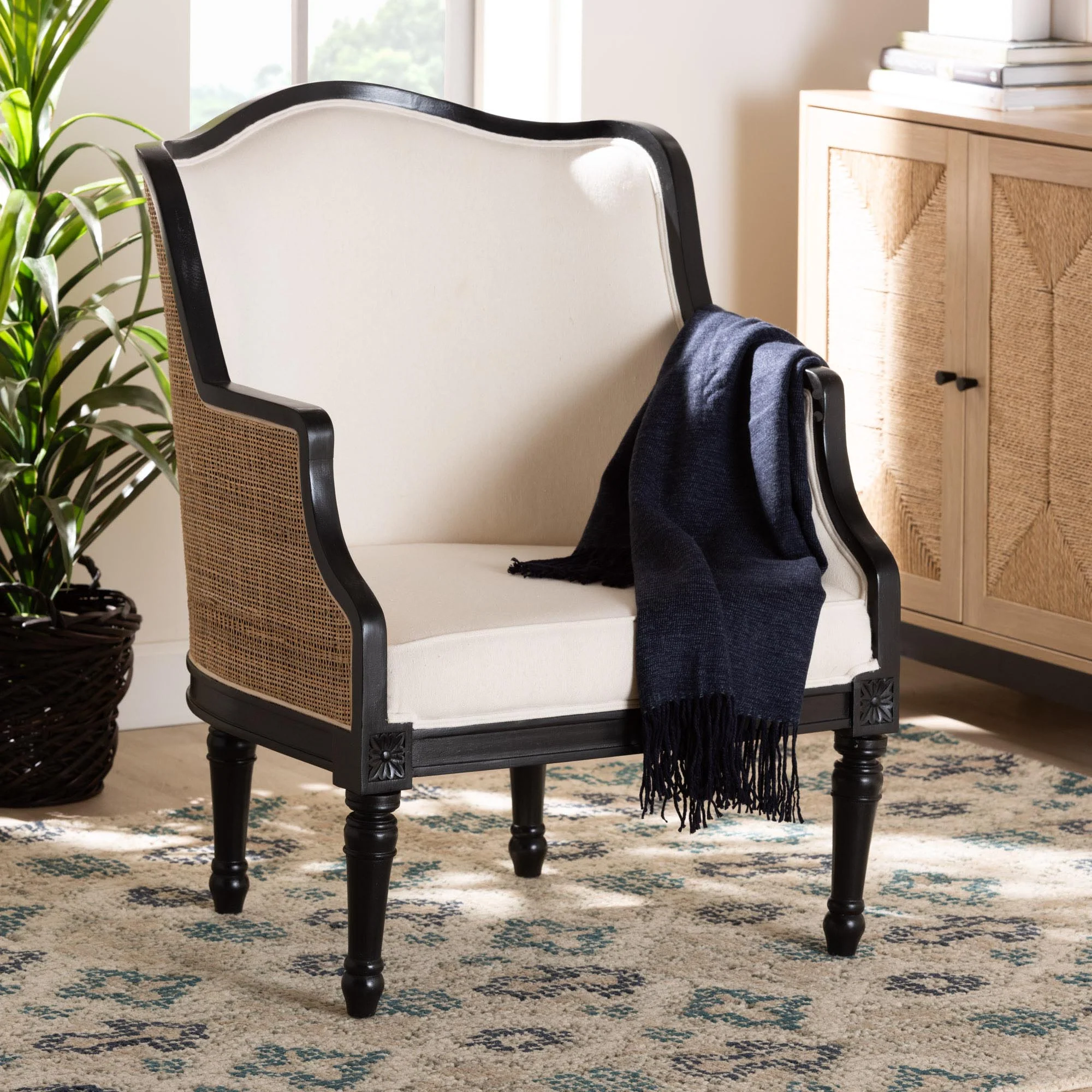 Baxton Studio bali & pari Elizette Traditional French Beige Fabric and Black Finished Wood Accent Chair