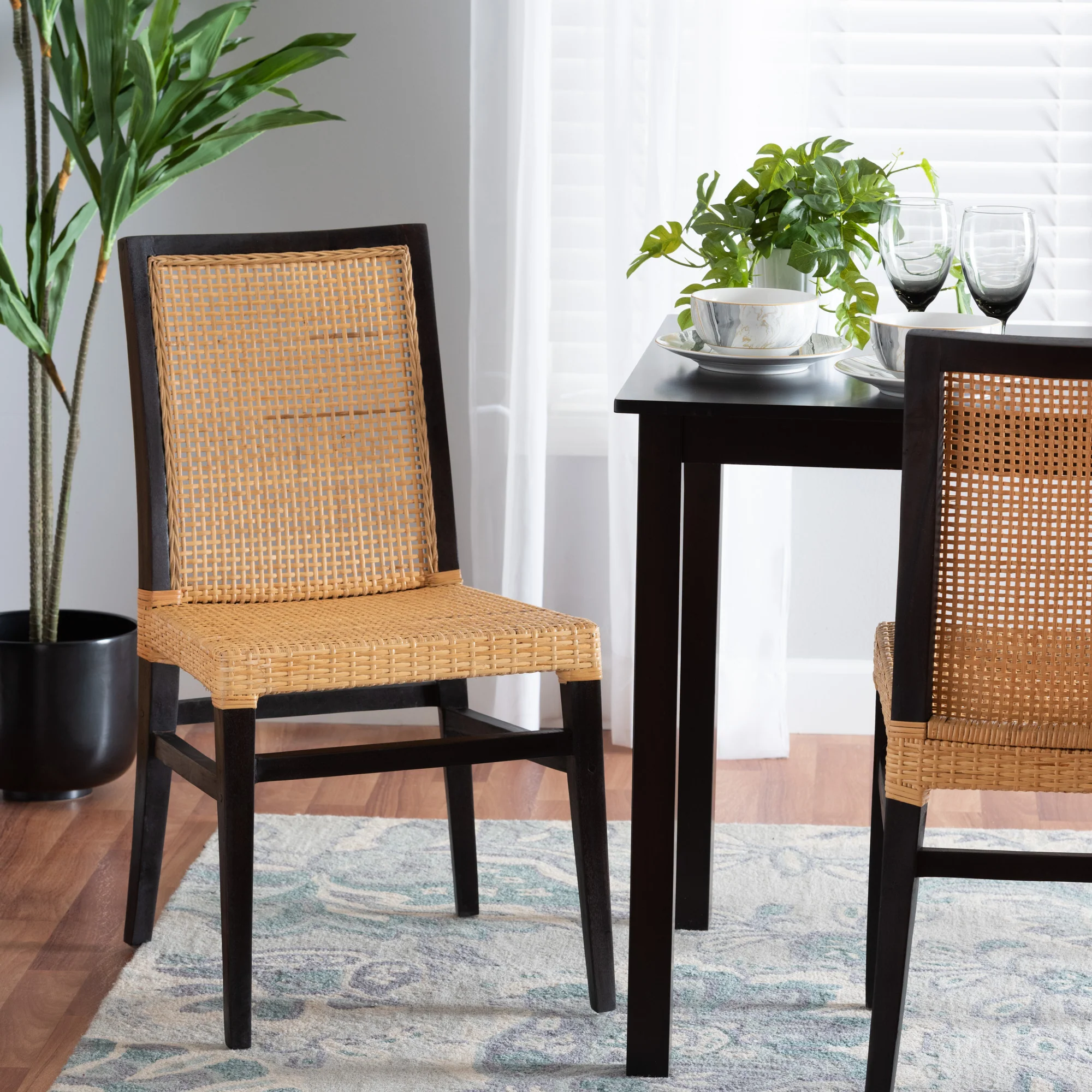 Baxton Studio bali & pari Lingga Modern Bohemian Dark Brown Mahogany Wood and Natural Rattan Dining Chair