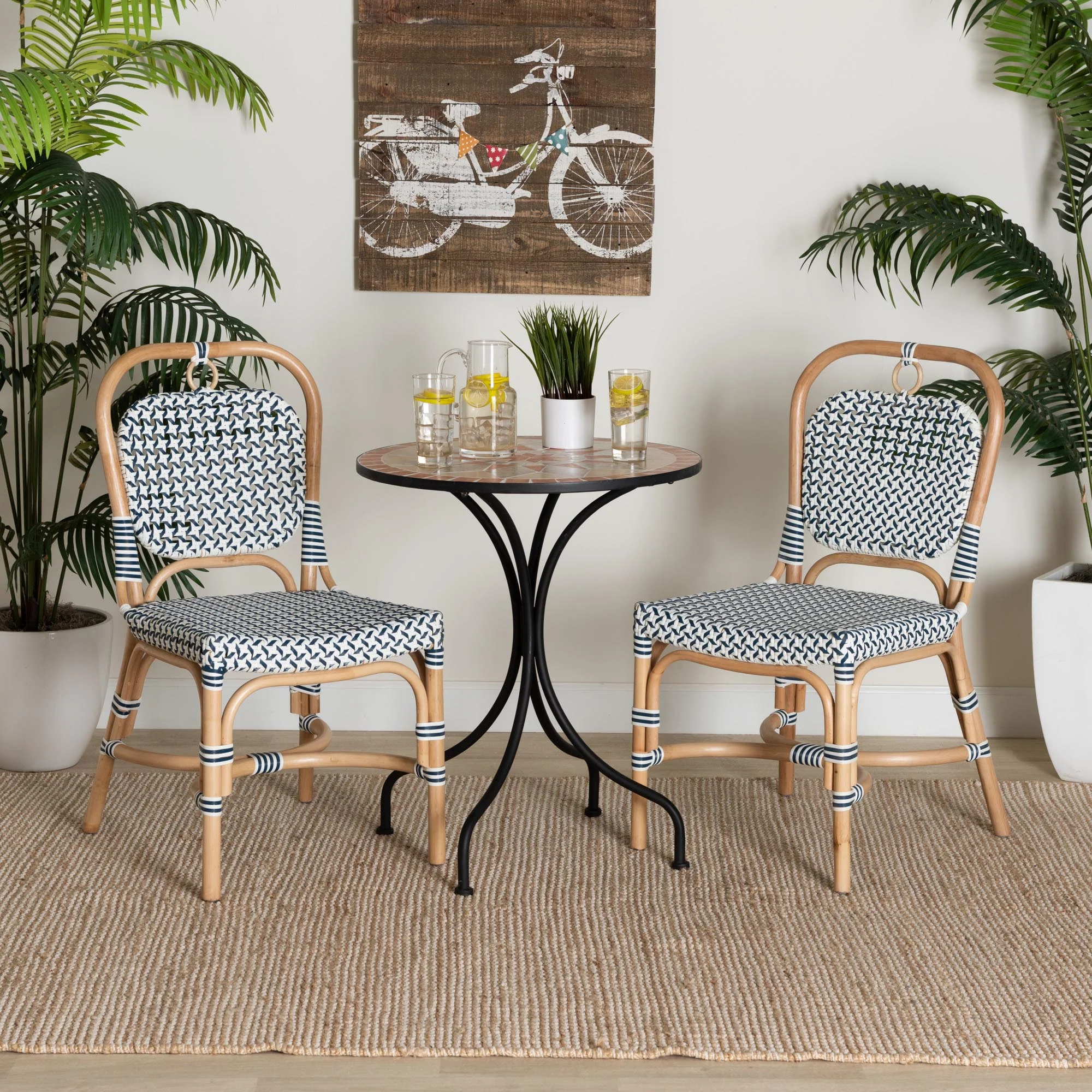 Baxton Studio bali & pari Luciana Modern French Blue and White Weaving Natural Rattan Bistro Chair